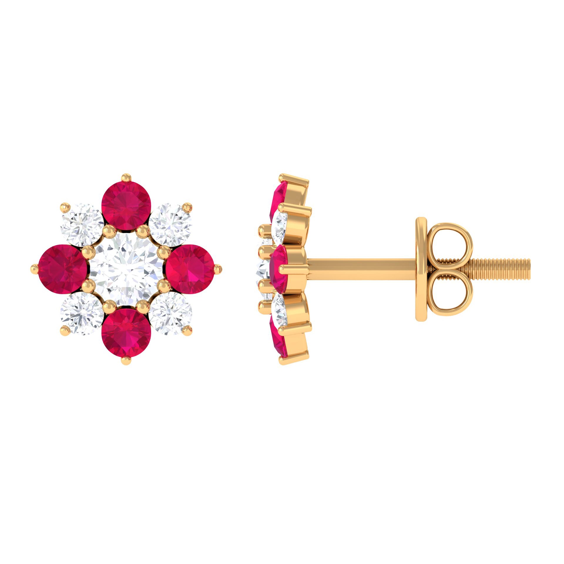 1 CT Diamond and Ruby Floral Stud Earrings Ruby - ( AAA ) - Quality - Rosec Jewels