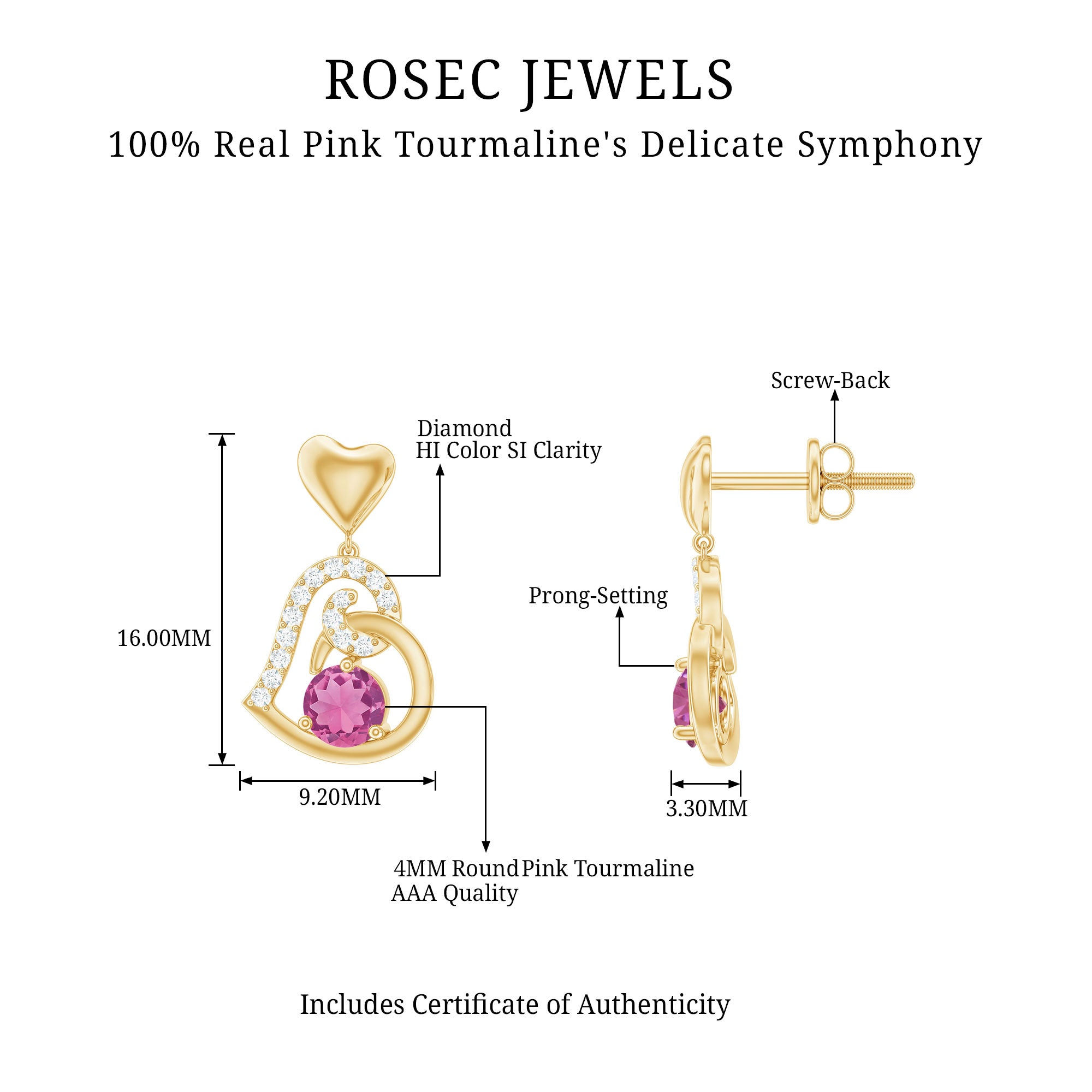 3/4 CT Pink Tourmaline and Diamond Heart Drop Earring Pink Tourmaline - ( AAA ) - Quality - Rosec Jewels