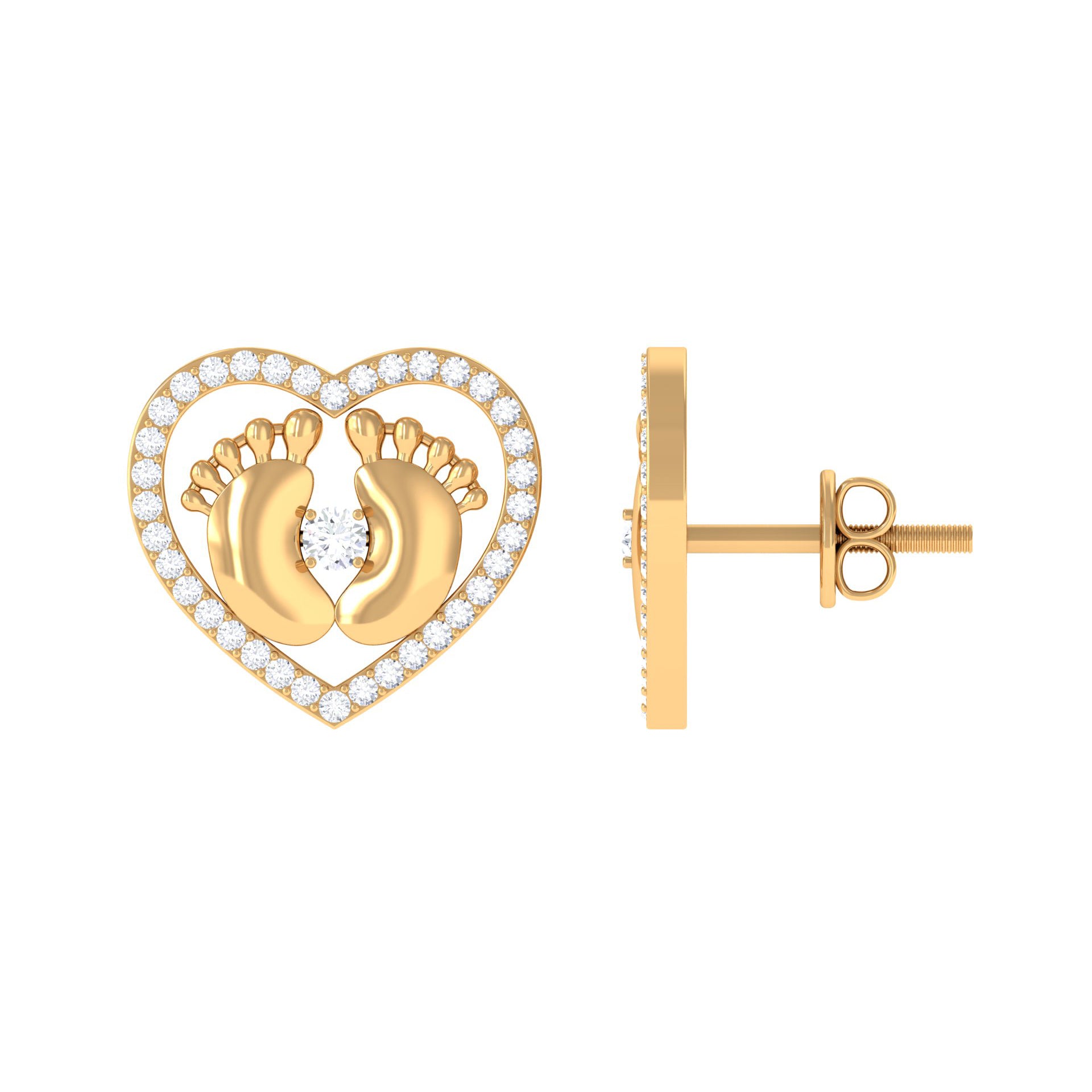 Diamond Heart Stud Earrings with Gold Baby Feet Diamond - ( HI-SI ) - Color and Clarity - Rosec Jewels