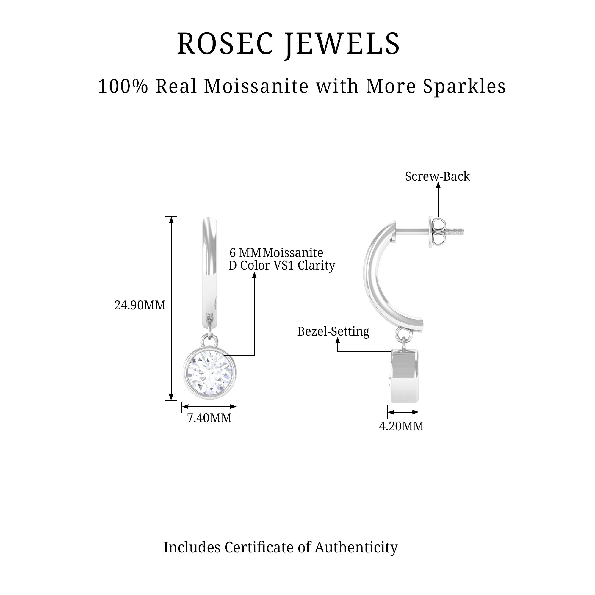 Bezel Set Moissanite and Silver Hinged Hoop Earrings - Rosec Jewels