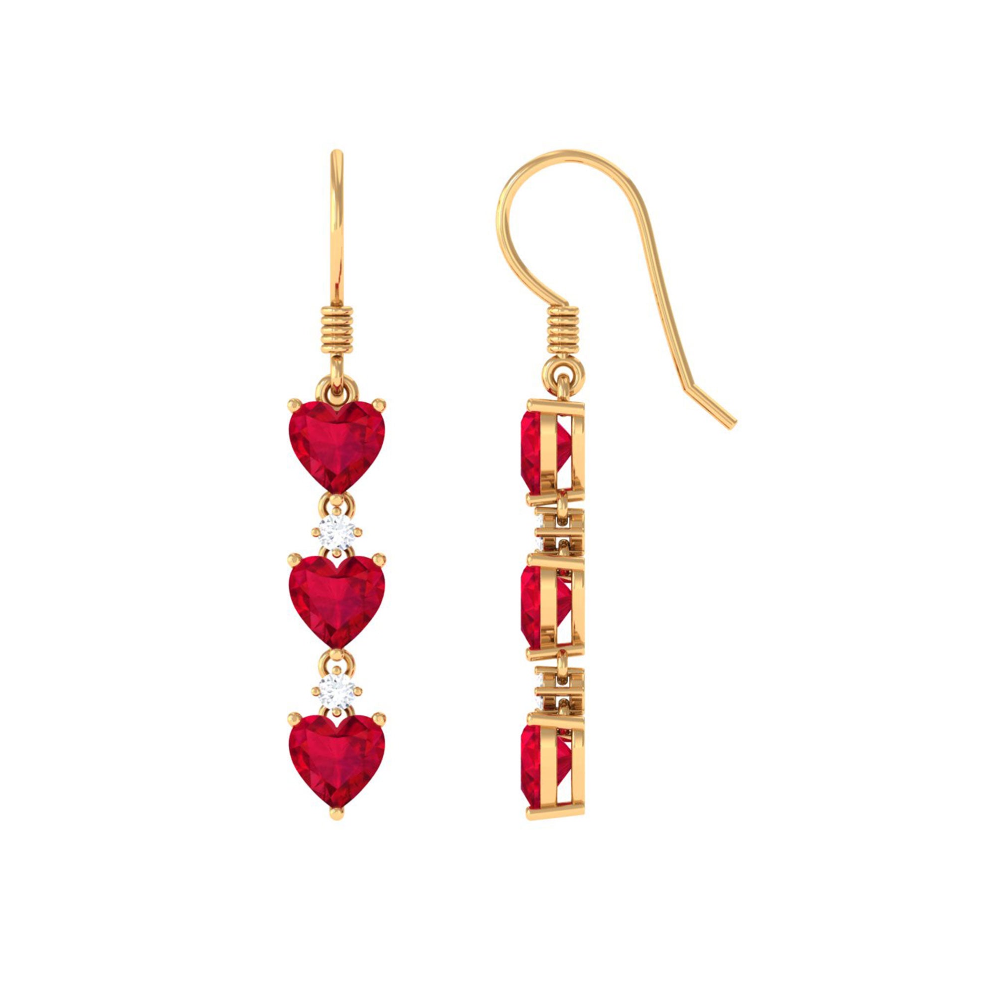 3 Heart Lab Grown Ruby Dangle Earrings with Moissanite Lab Created Ruby - ( AAAA ) - Quality - Rosec Jewels