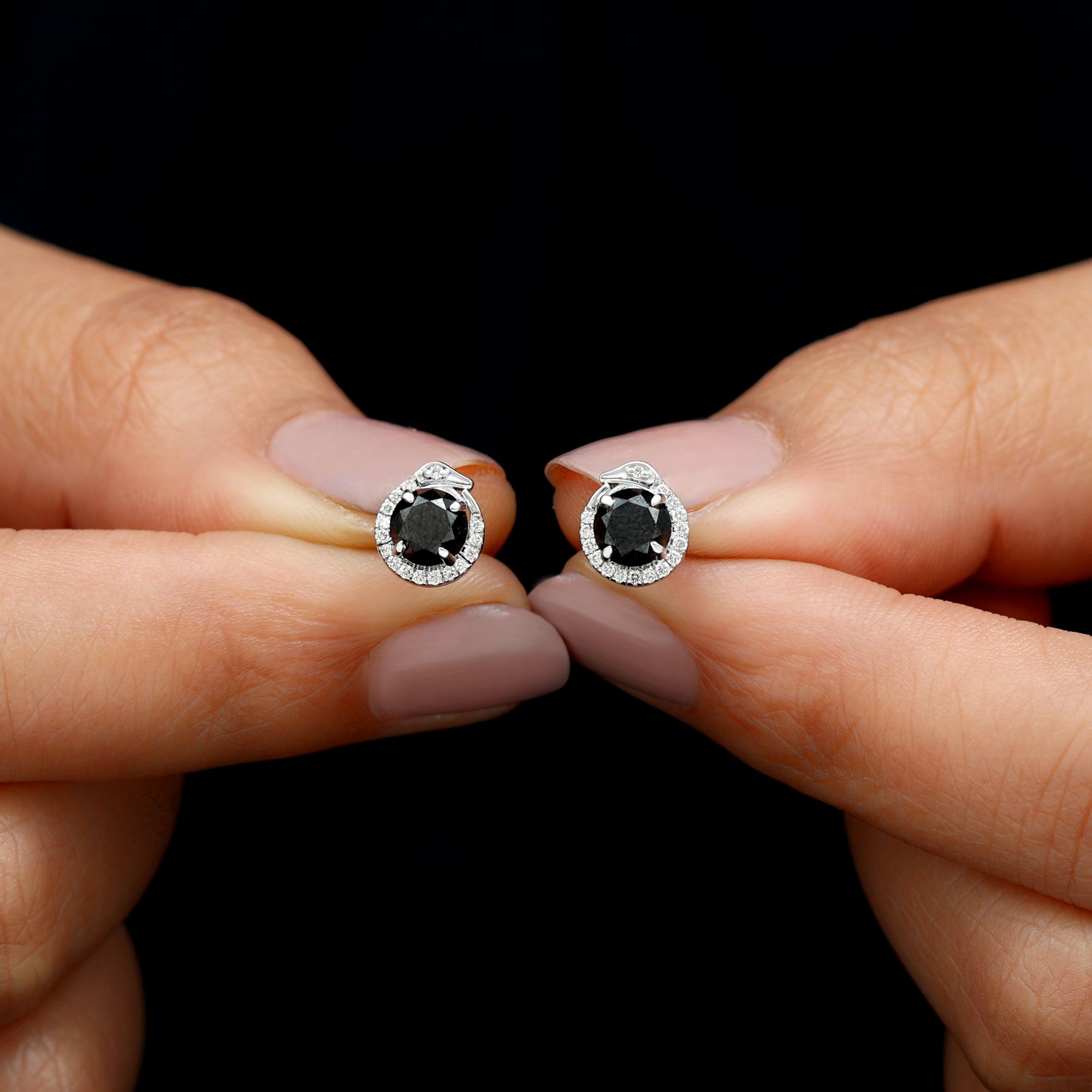 Classic Black and White Diamond Snake Stud Earrings Black Diamond - ( AAA ) - Quality - Rosec Jewels