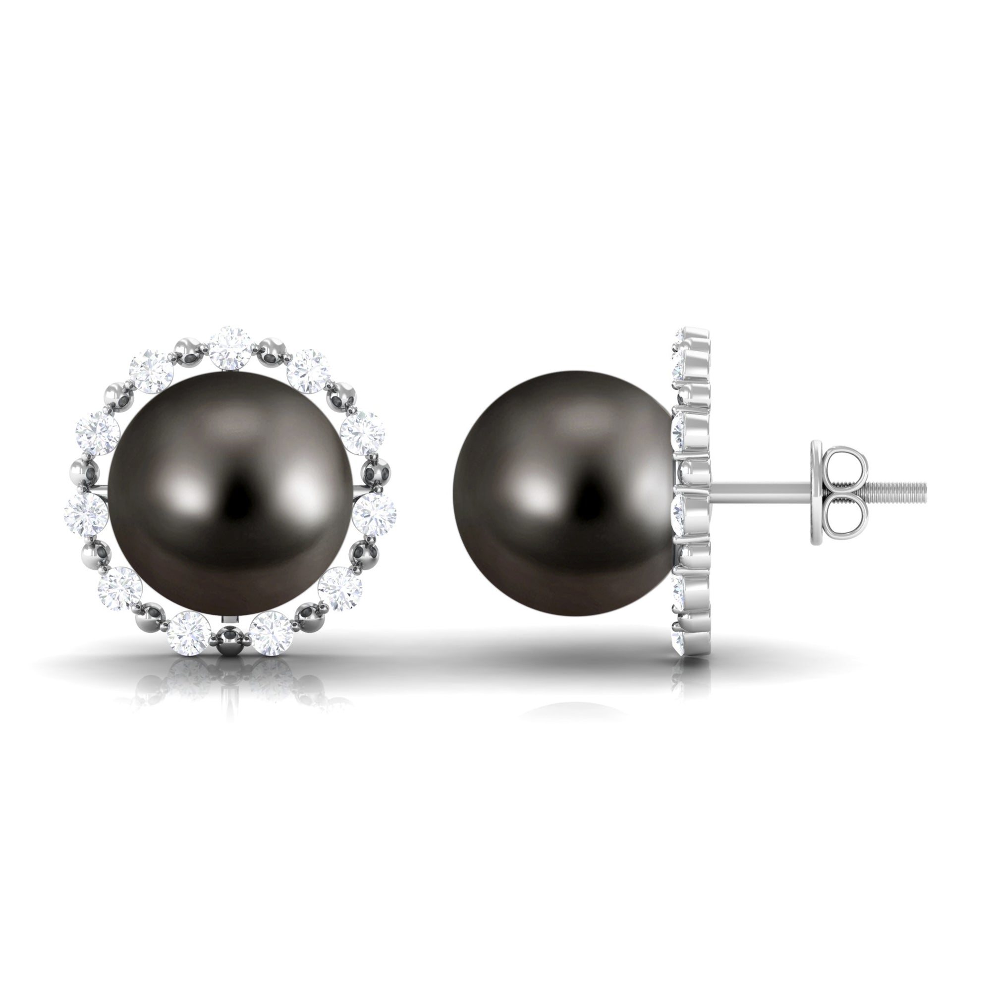 Natural Tahitian Pearl and Diamond Halo Stud Earrings Tahitian pearl - ( AAA ) - Quality - Rosec Jewels