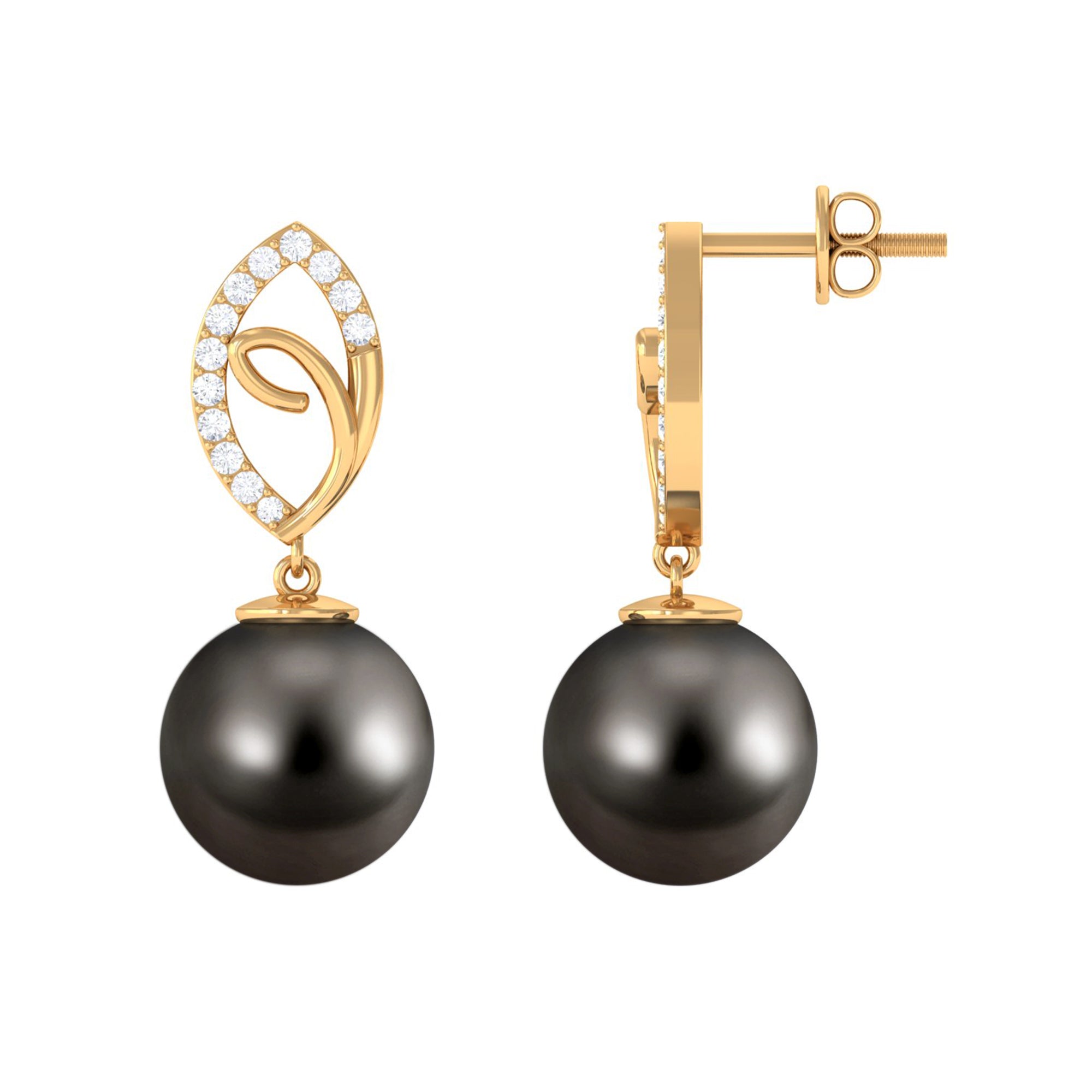 Tahitian Pearl Leaf Drop Earrings with Diamond Tahitian pearl - ( AAA ) - Quality - Rosec Jewels