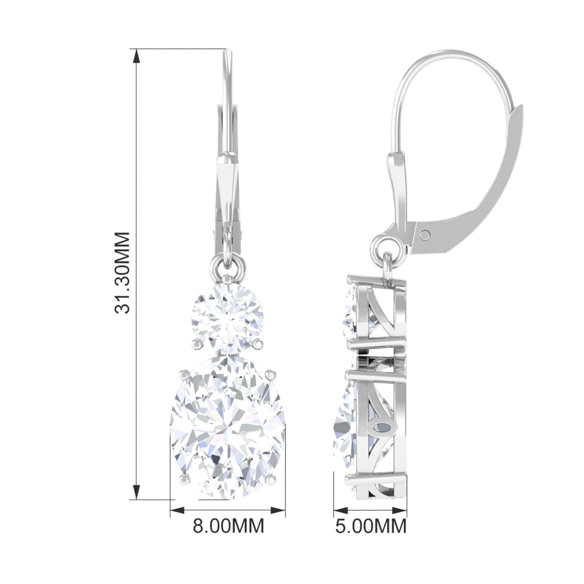 Minimal Zircon 2 Stone Drop Earrings with Lever Back Zircon - ( AAAA ) - Quality - Rosec Jewels