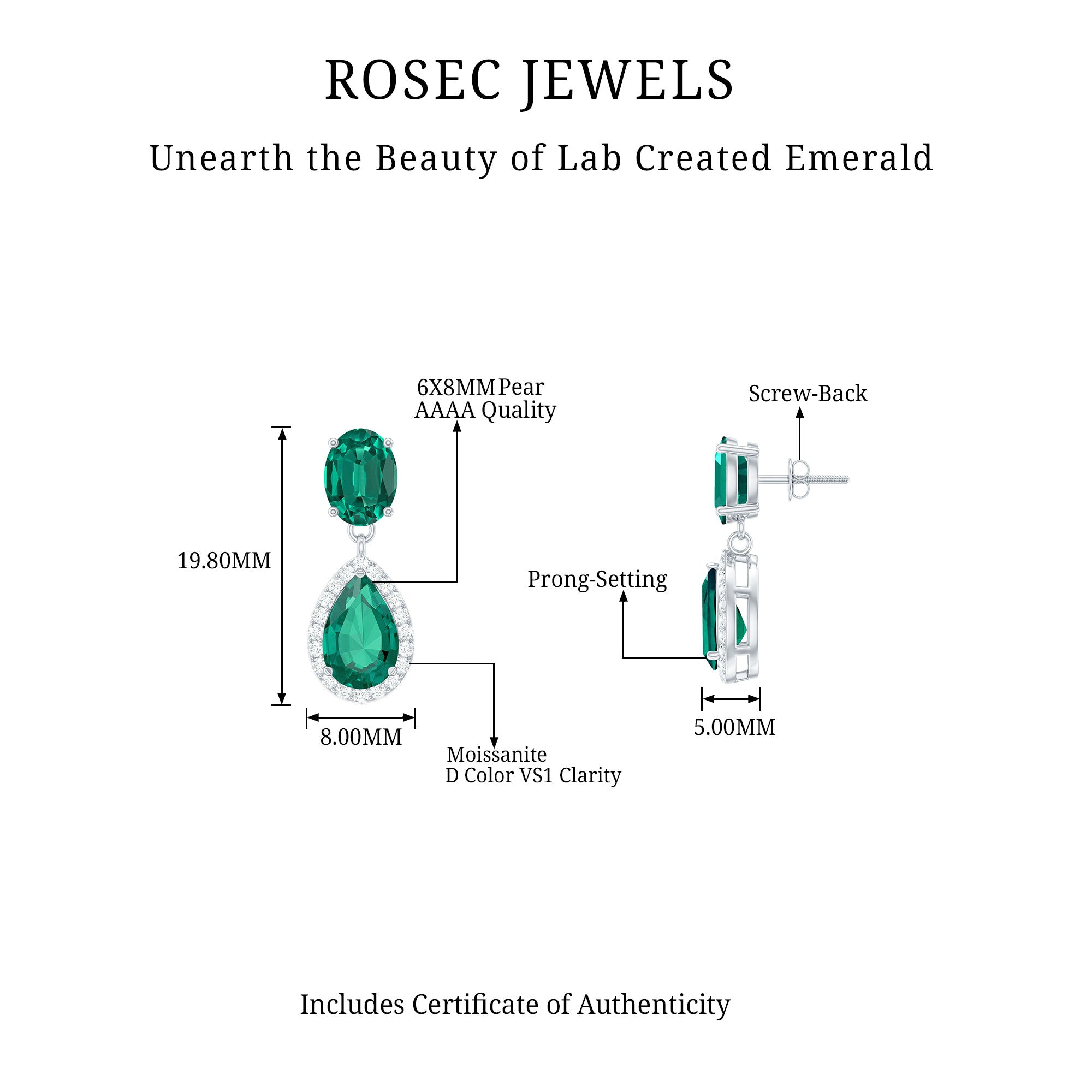 4.25 CT Created Emerald Classic Silver Dangle Earrings with Zircon Lab Created Emerald - ( AAAA ) - Quality 92.5 Sterling Silver - Rosec Jewels