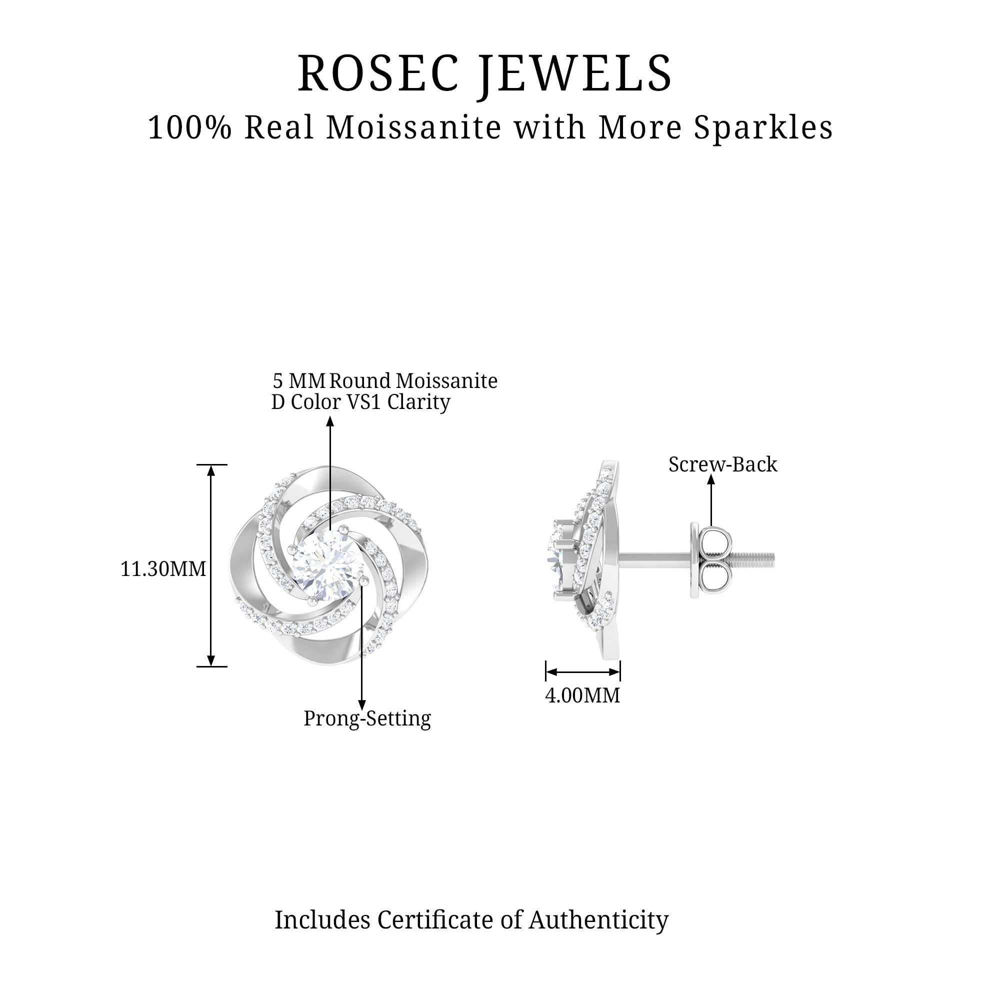 Swirl Stud Earrings Round Shape Moissanite in Prong Setting Moissanite - ( D-VS1 ) - Color and Clarity - Rosec Jewels