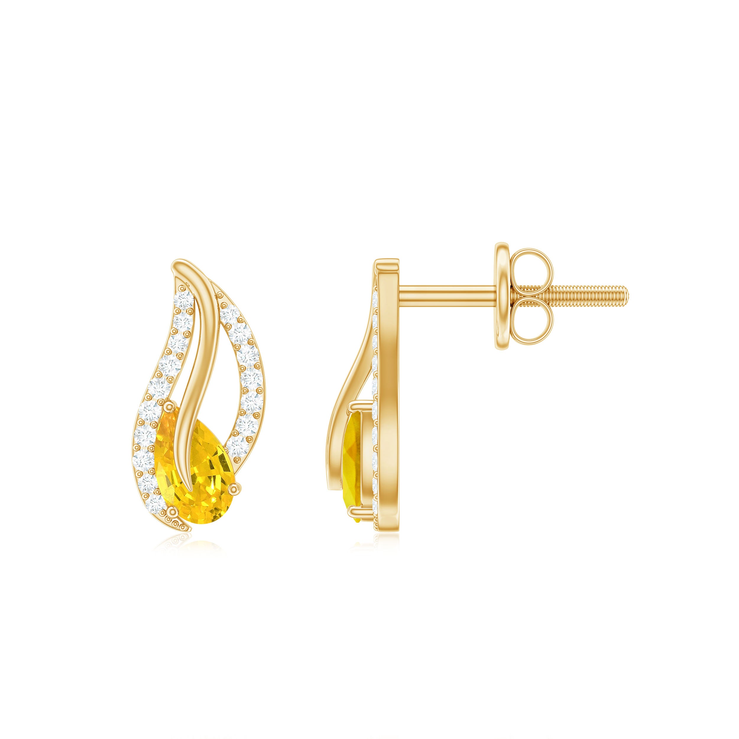 Pear Cut Yellow Sapphire and Diamond Leaf Stud Earrings Yellow Sapphire - ( AAA ) - Quality - Rosec Jewels