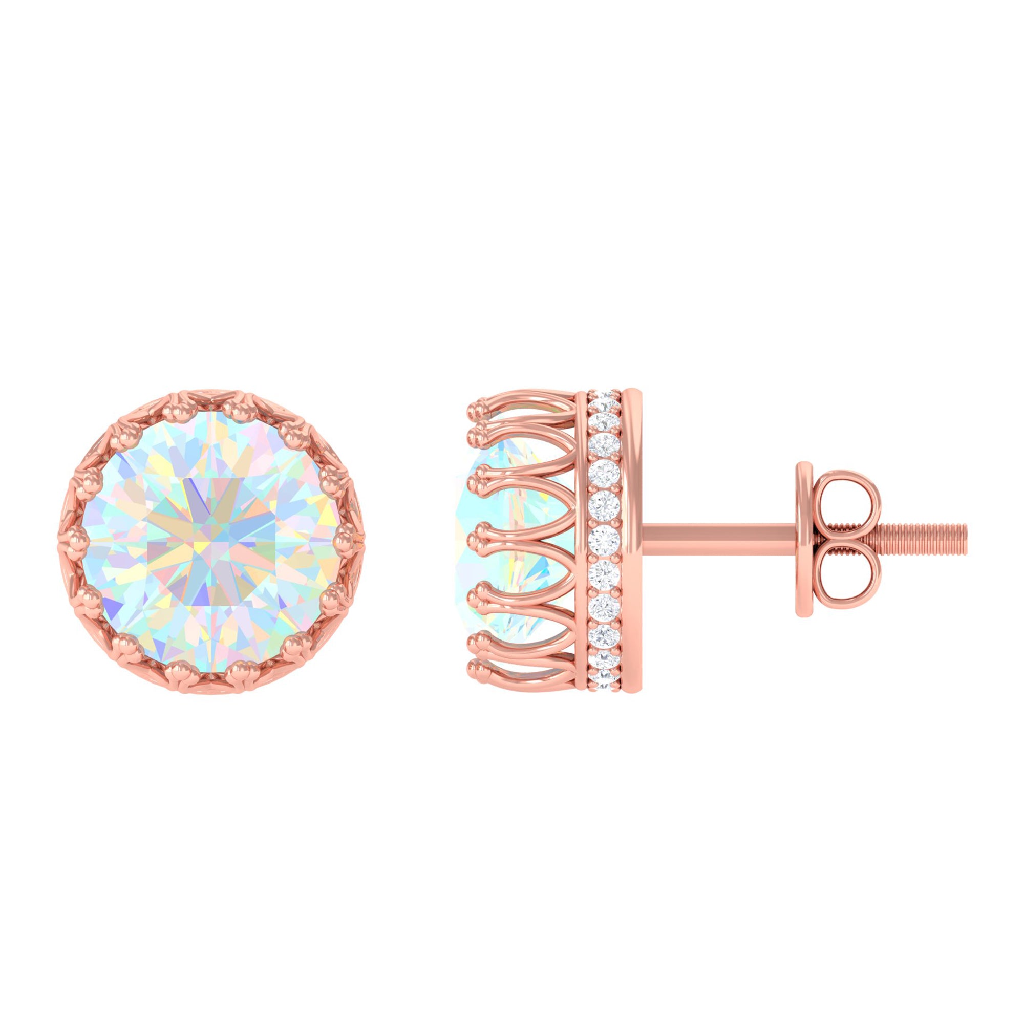 Solitaire Ethiopian Opal and Moissanite Crown Stud Earrings Ethiopian Opal - ( AAA ) - Quality - Rosec Jewels