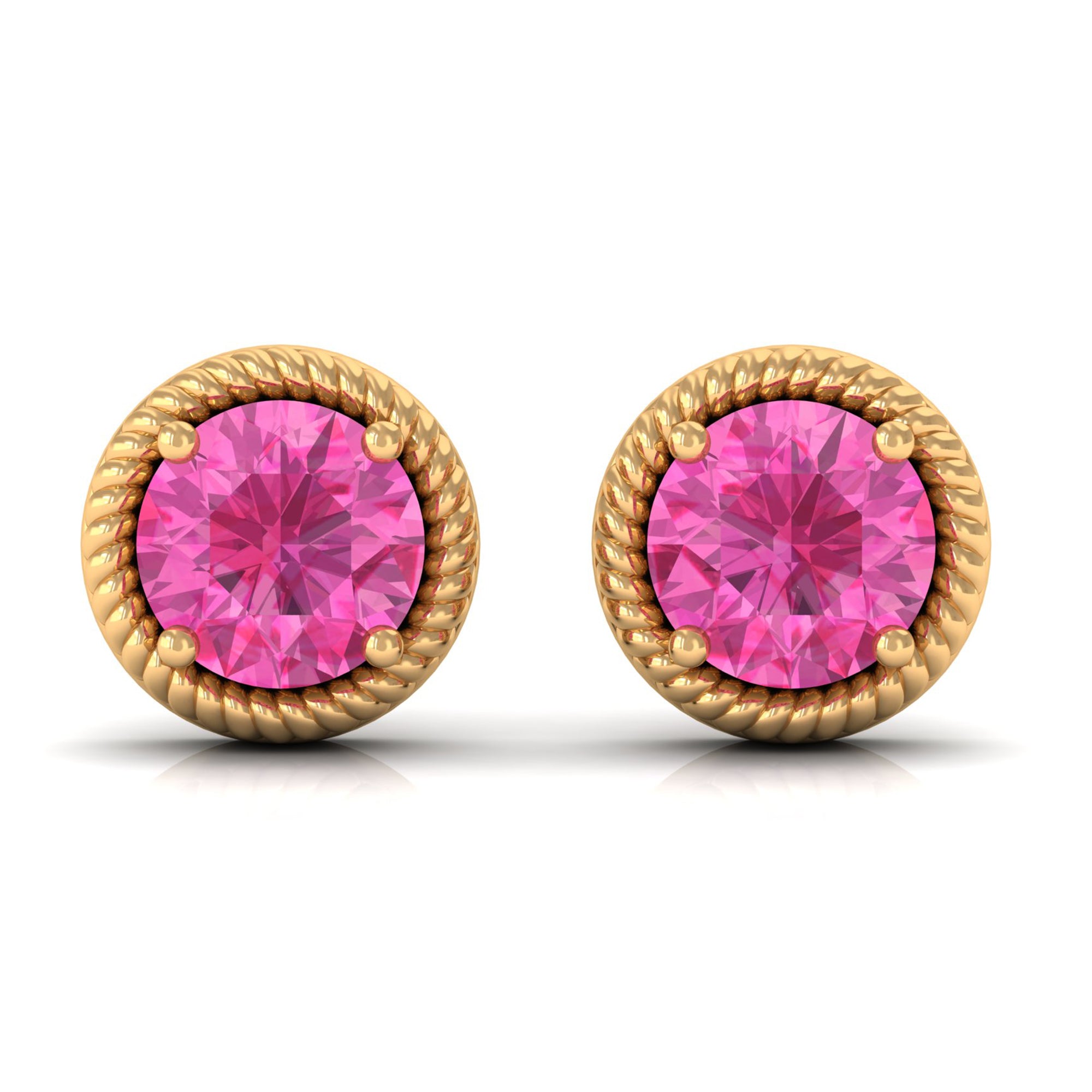 Round Pink Sapphire Solitaire Stud Earrings in Rope Frame Pink Sapphire - ( AAA ) - Quality - Rosec Jewels