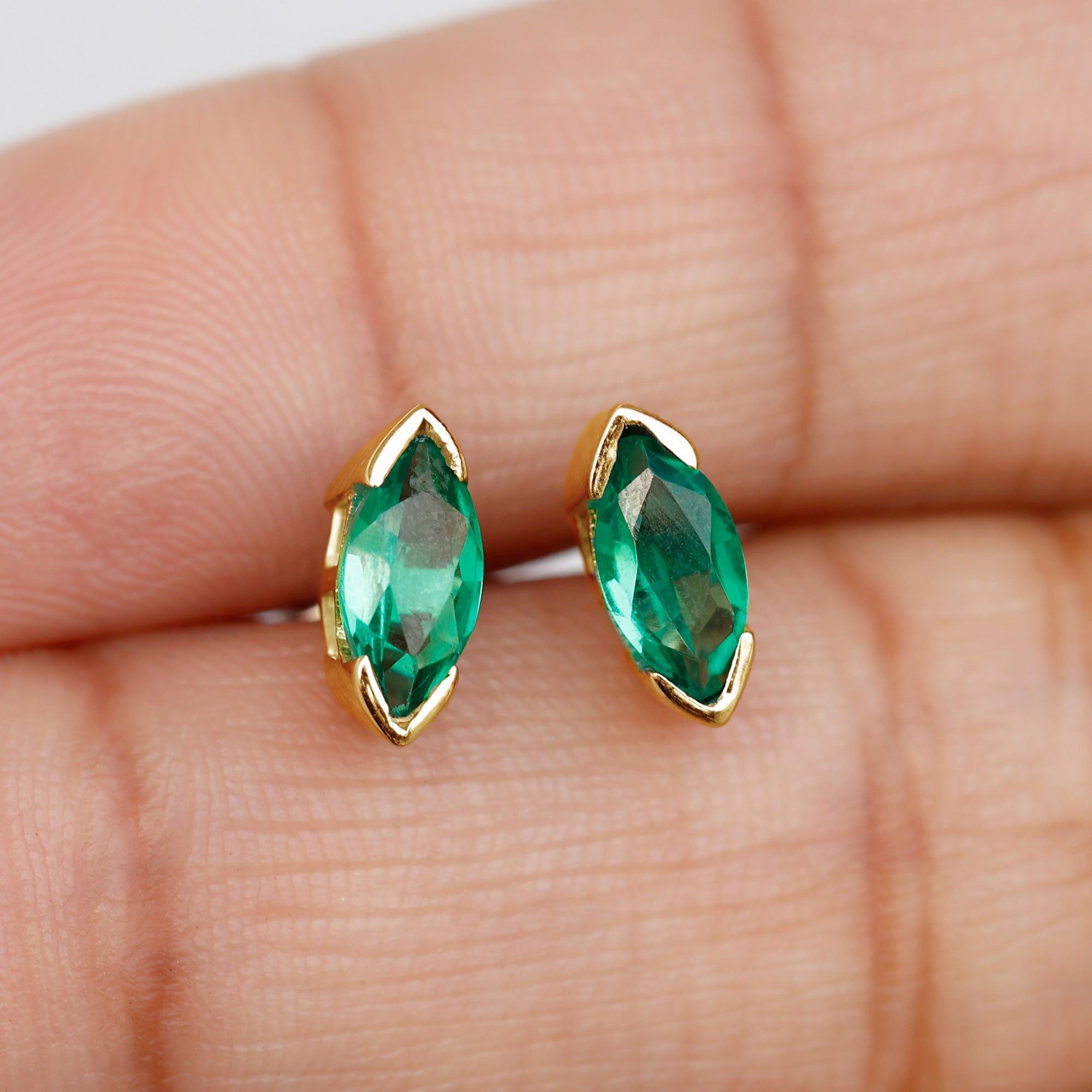 Marquise Cut Lab Grown Emerald Solitaire Stud Earrings Lab Created Emerald - ( AAAA ) - Quality - Rosec Jewels