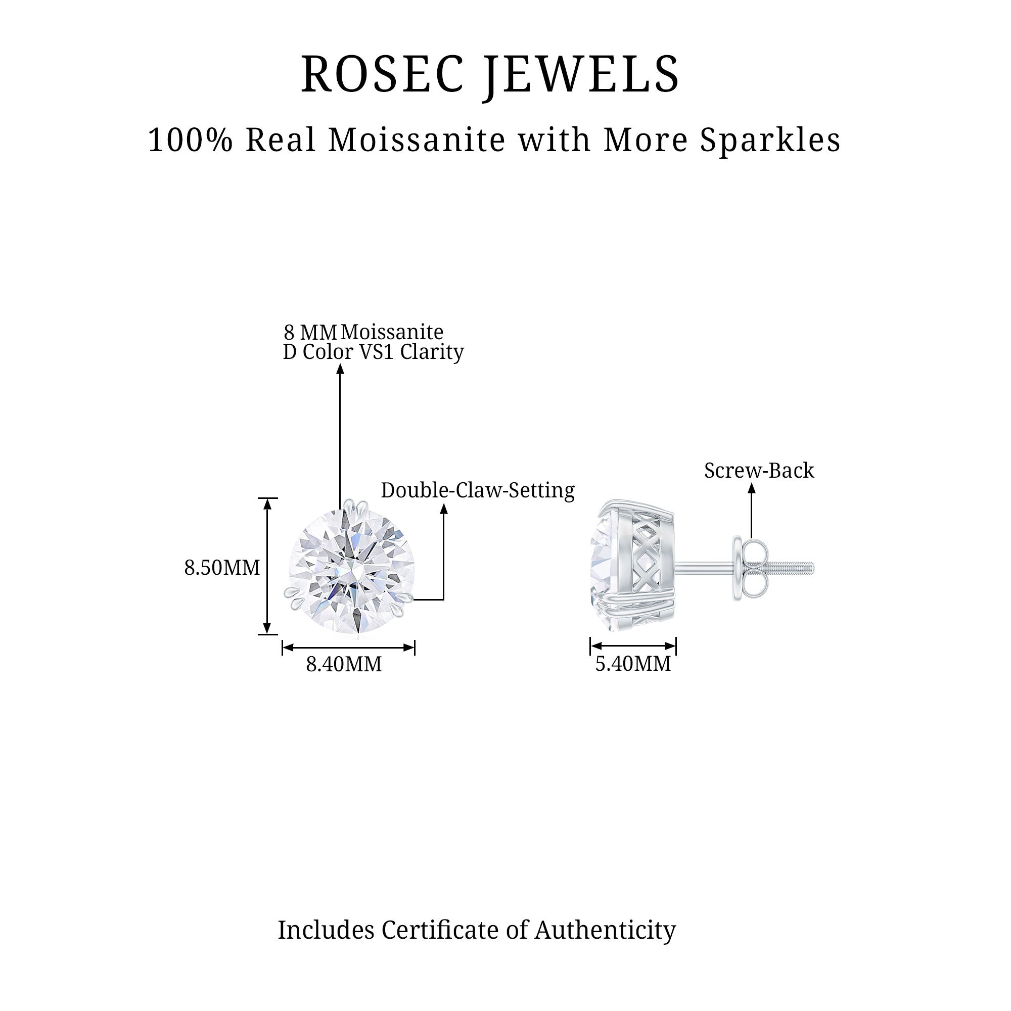 4 CT Round Shape Moissanite Solitaire Silver Stud Earrings in 3 Double Claw Prong Setting Moissanite - ( D-VS1 ) - Color and Clarity 92.5 Sterling Silver - Rosec Jewels