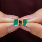 Octagon Cut Emerald Solitaire Stud Earrings in Bezel Setting Emerald - ( AAA ) - Quality - Rosec Jewels