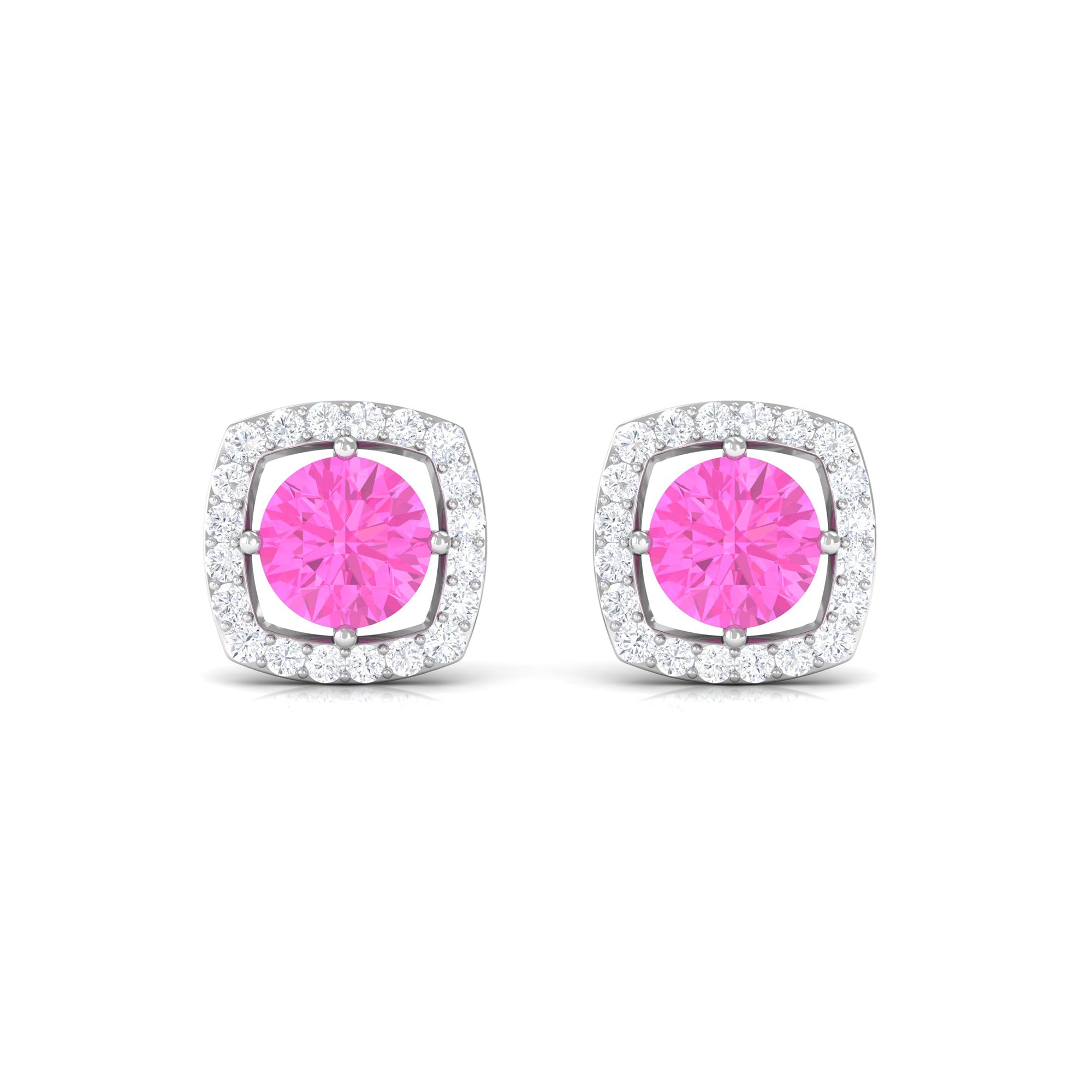 Classic Pink Sapphire and Diamond Halo Stud Earrings Pink Sapphire - ( AAA ) - Quality - Rosec Jewels