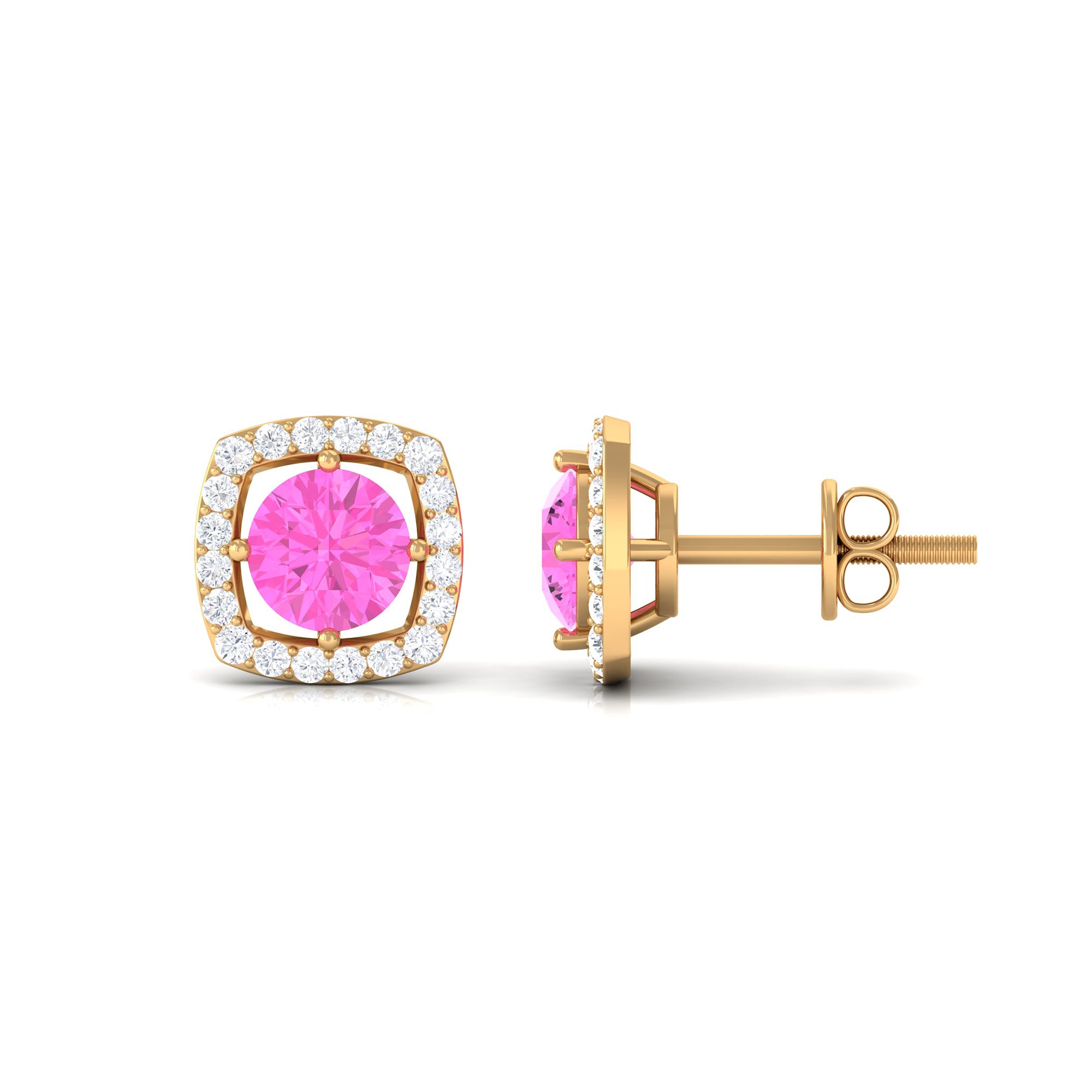 Classic Pink Sapphire and Diamond Halo Stud Earrings Pink Sapphire - ( AAA ) - Quality - Rosec Jewels