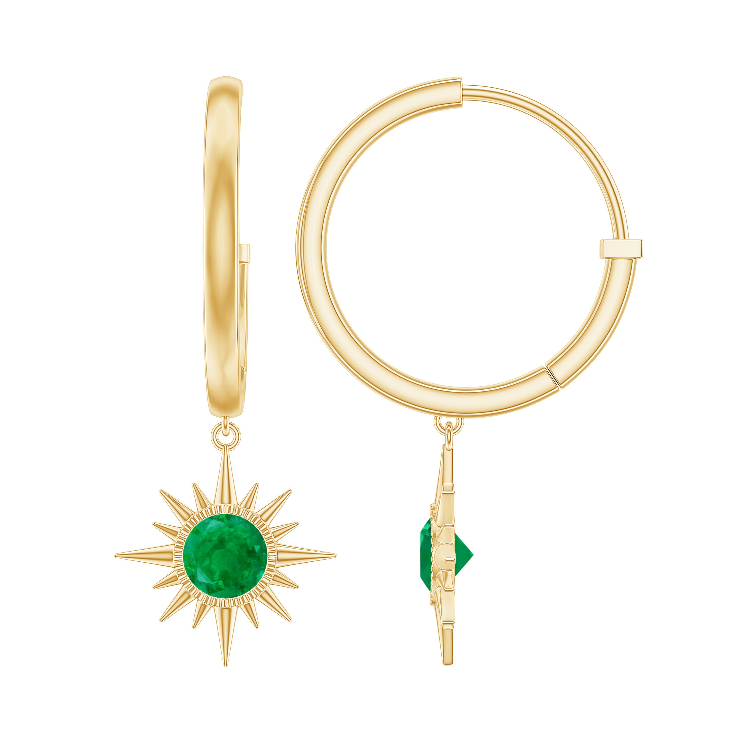 Milgrain Bezel Set Emerald Sunburst Hoop Drop Earrings Emerald - ( AAA ) - Quality - Rosec Jewels