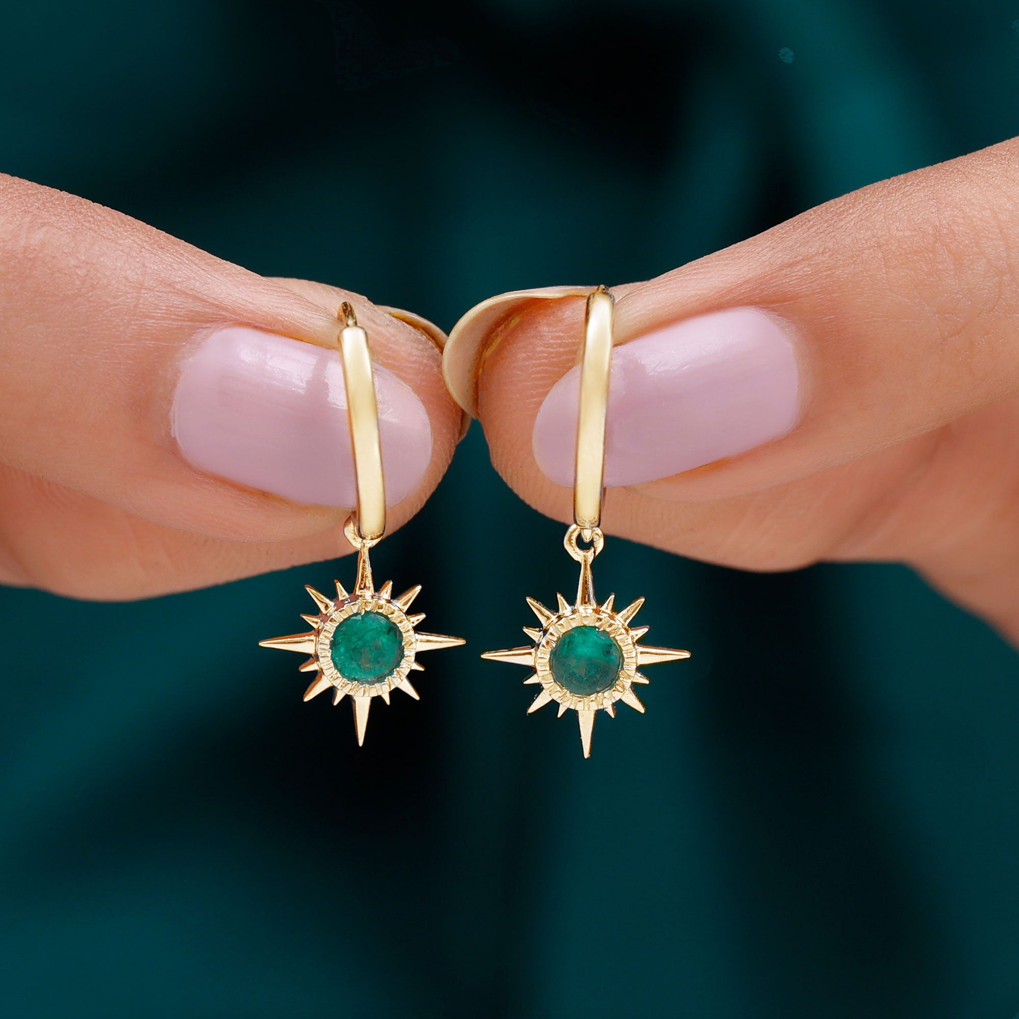 Milgrain Bezel Set Emerald Sunburst Hoop Drop Earrings Emerald - ( AAA ) - Quality - Rosec Jewels