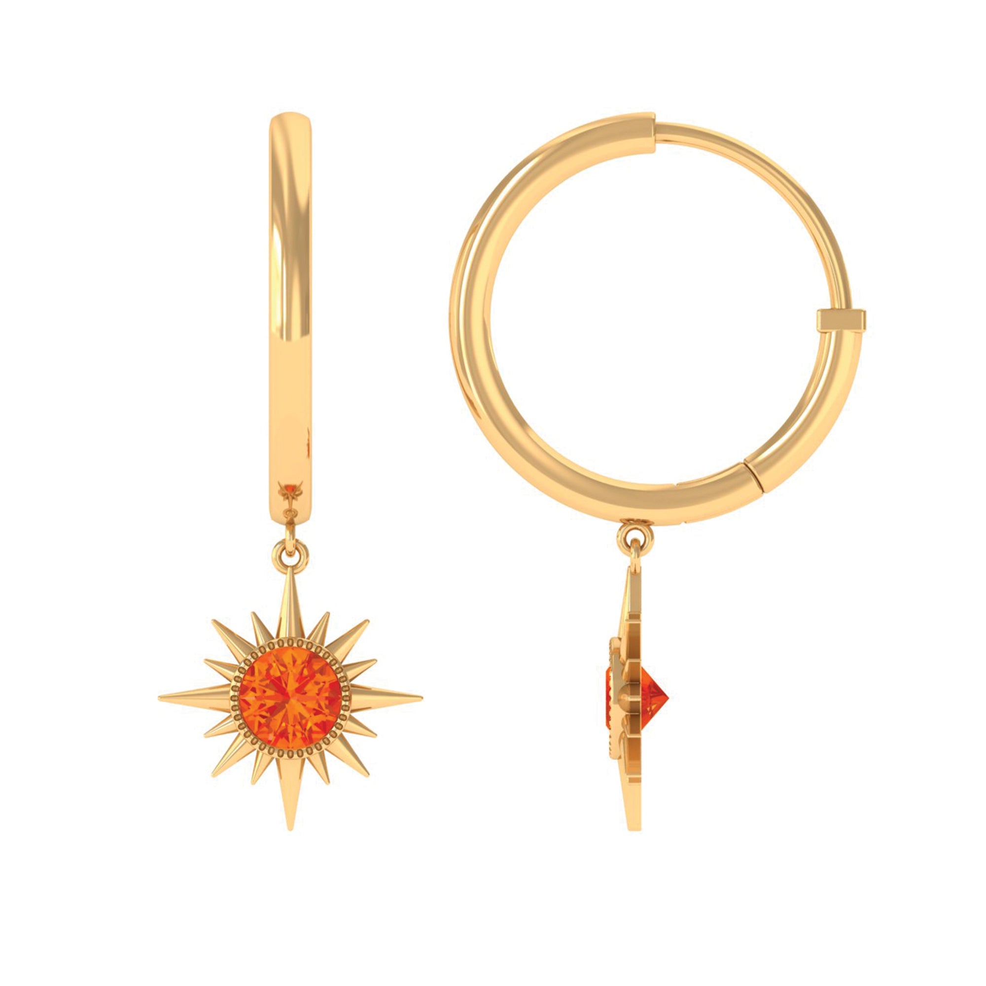 3/4 CT Milgrain Bezel Set Orange Sapphire Sunburst Drop Hoop Earrings Orange Sapphire - ( AAA ) - Quality - Rosec Jewels