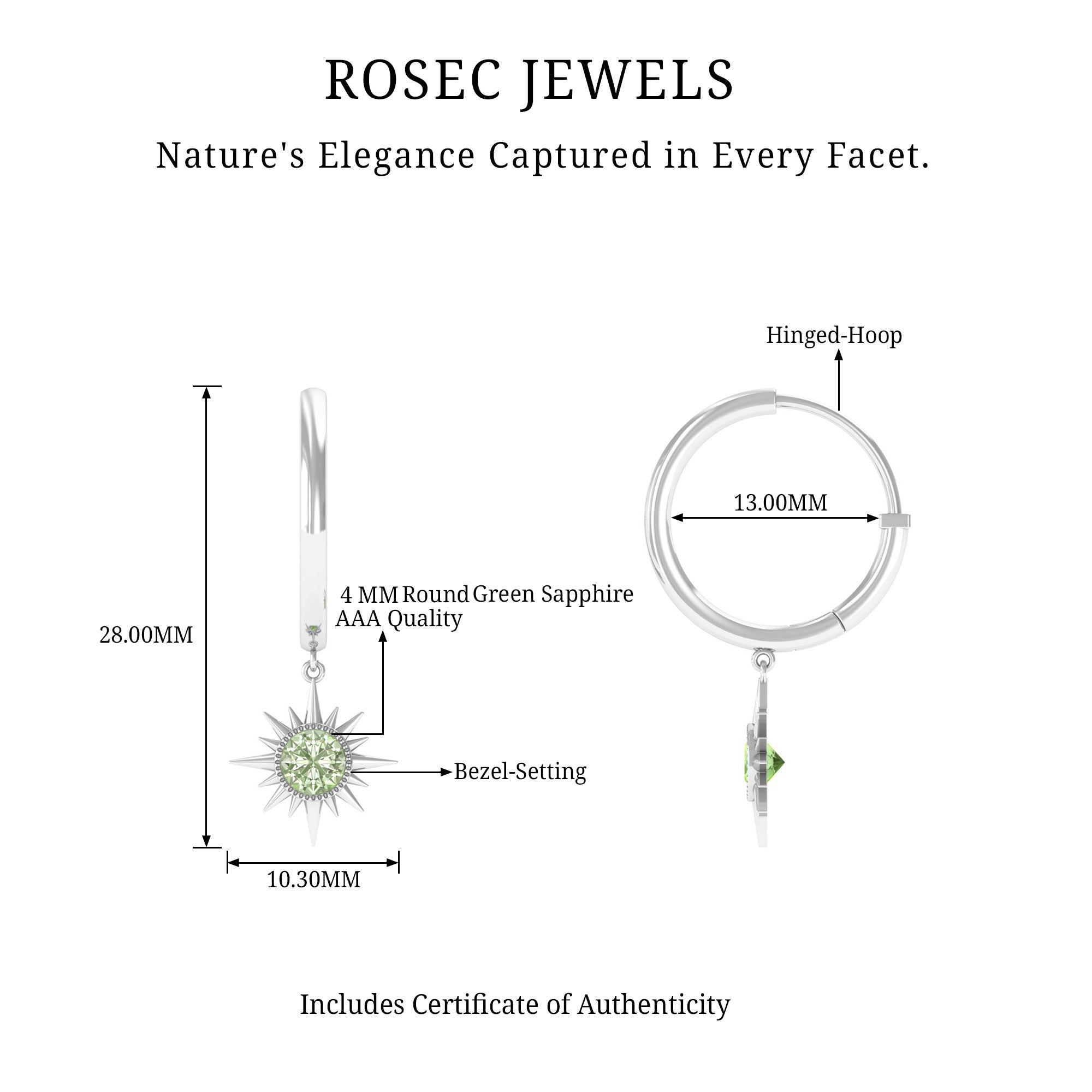 3/4 CT Milgrain Bezel Set Green Sapphire Sunburst Drop Hoop Earrings Green Sapphire - ( AAA ) - Quality - Rosec Jewels