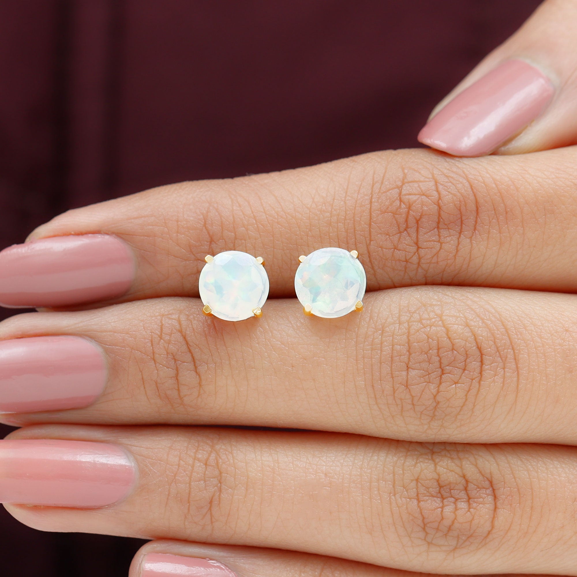 8 MM Simple Round Cut Ethiopian Opal Solitaire Stud Earrings Ethiopian Opal - ( AAA ) - Quality - Rosec Jewels