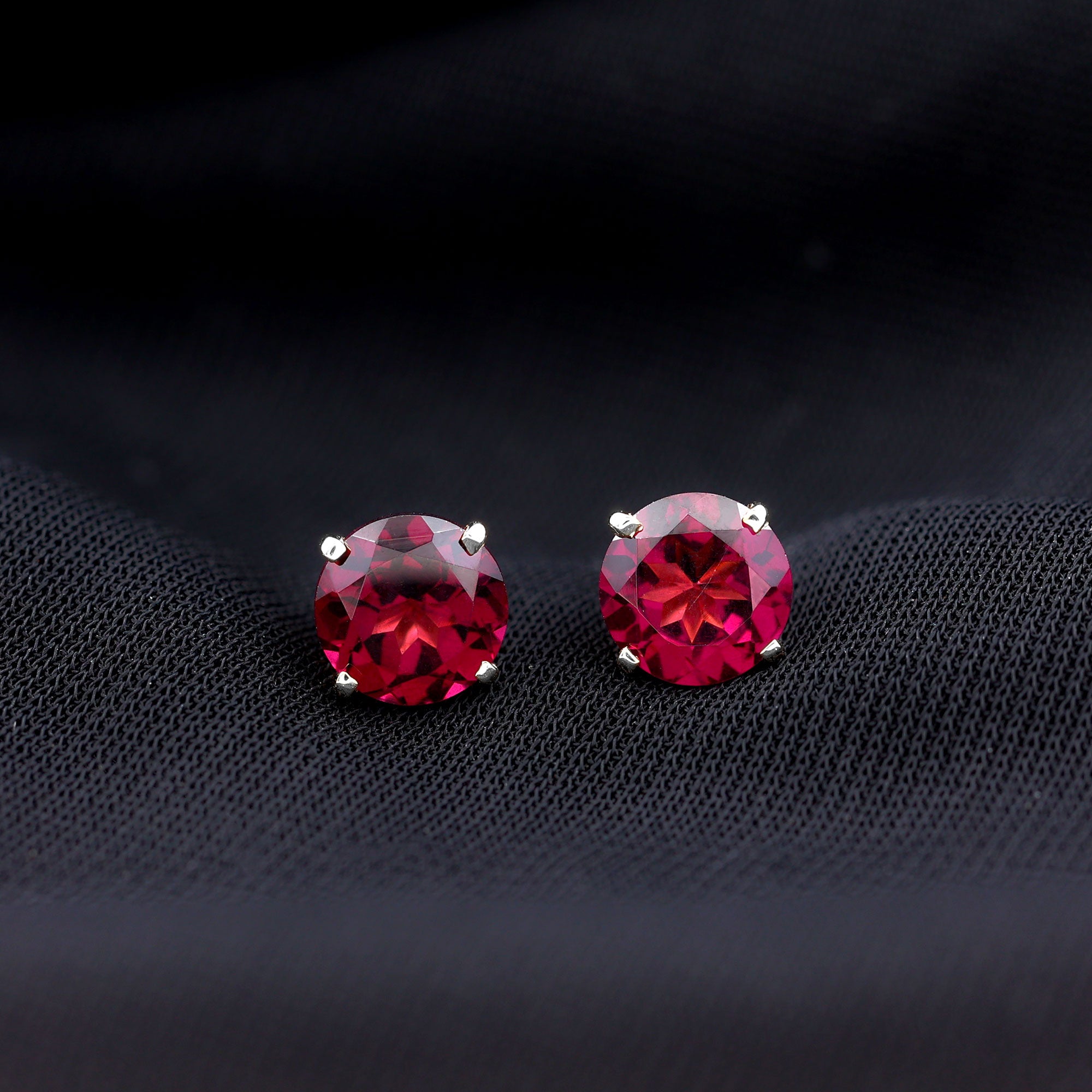 Round Rhodolite Solitaire Stud Earrings in Square Prong Setting Rhodolite - ( AAA ) - Quality - Rosec Jewels