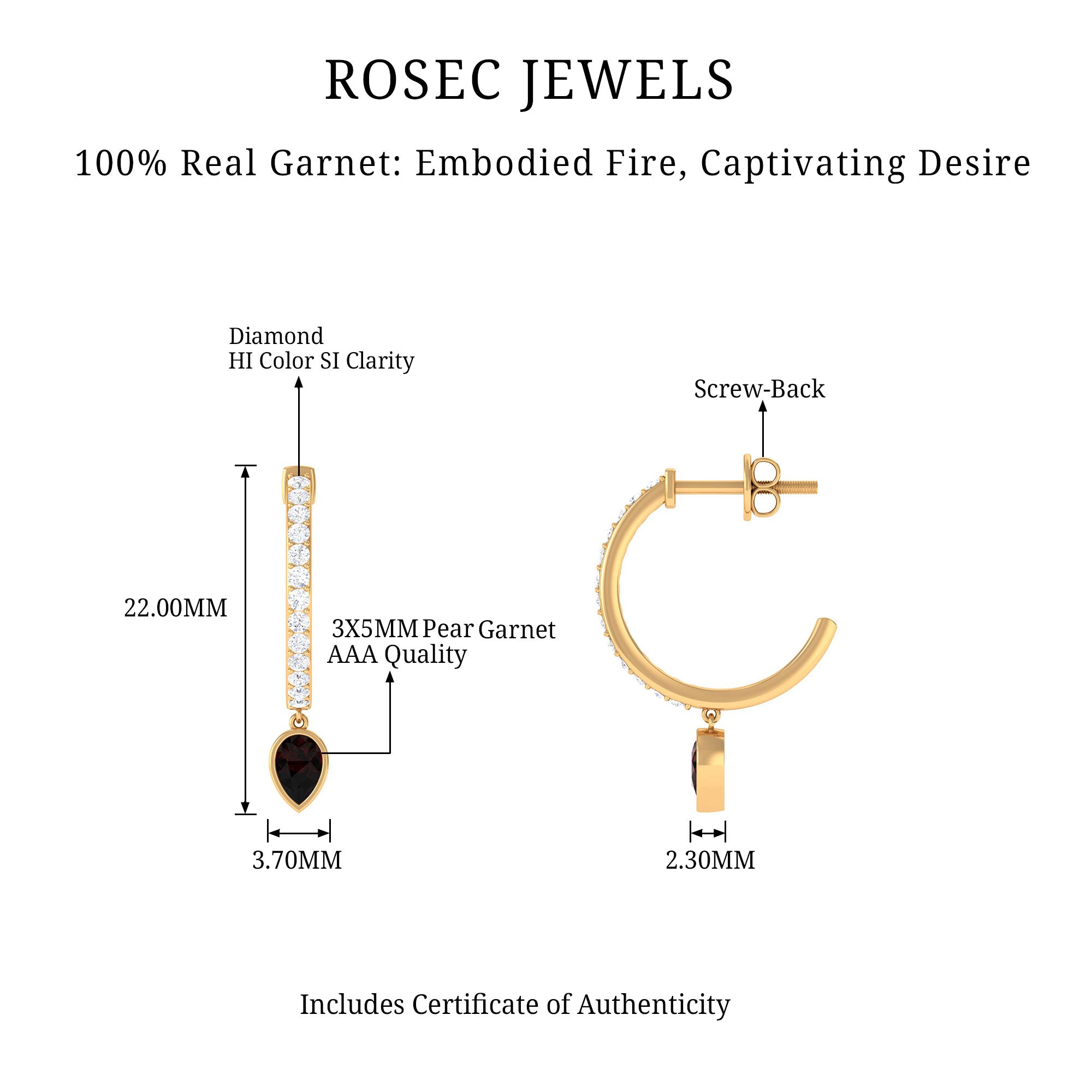 1 CT Minimal Garnet Drop Hinged Hoop Earrings with Diamond Accent Garnet - ( AAA ) - Quality - Rosec Jewels