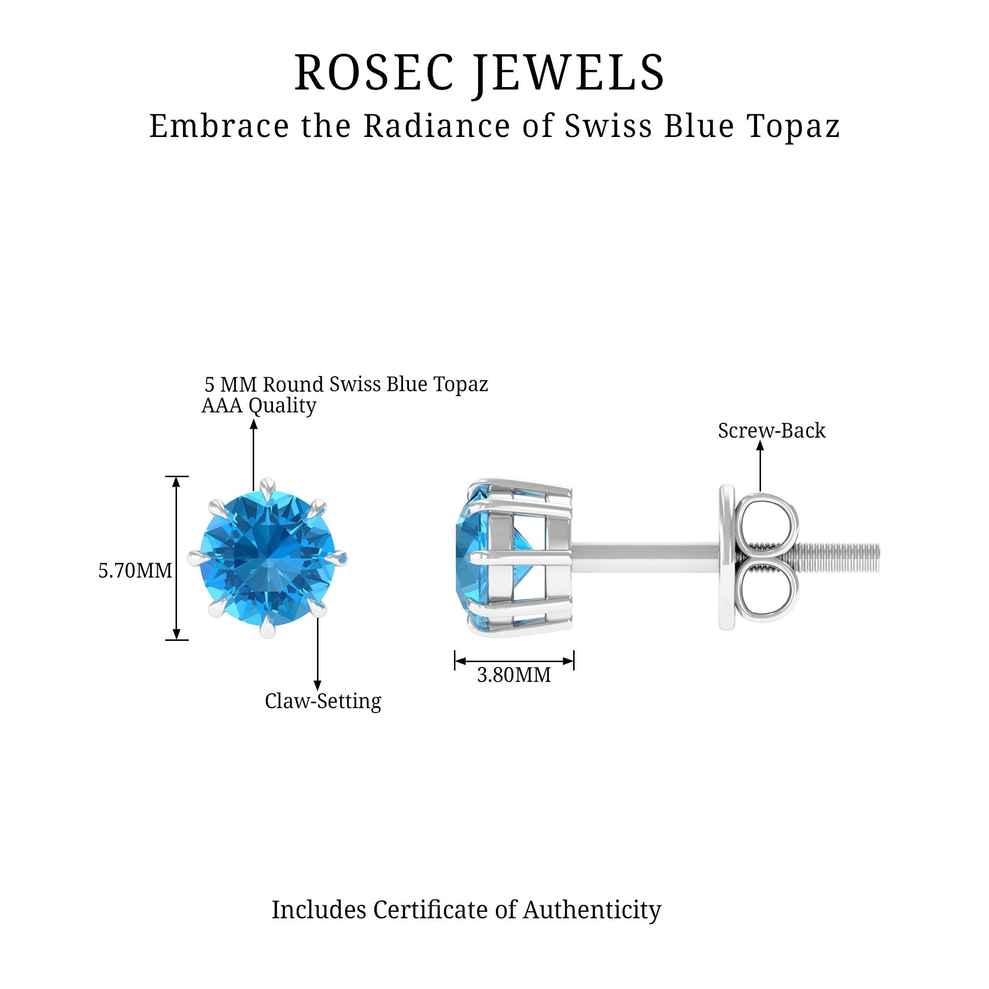 Natural Swiss Blue Topaz Solitaire Stud Earrings in 8 Claw Prong Setting Swiss Blue Topaz - ( AAA ) - Quality - Rosec Jewels