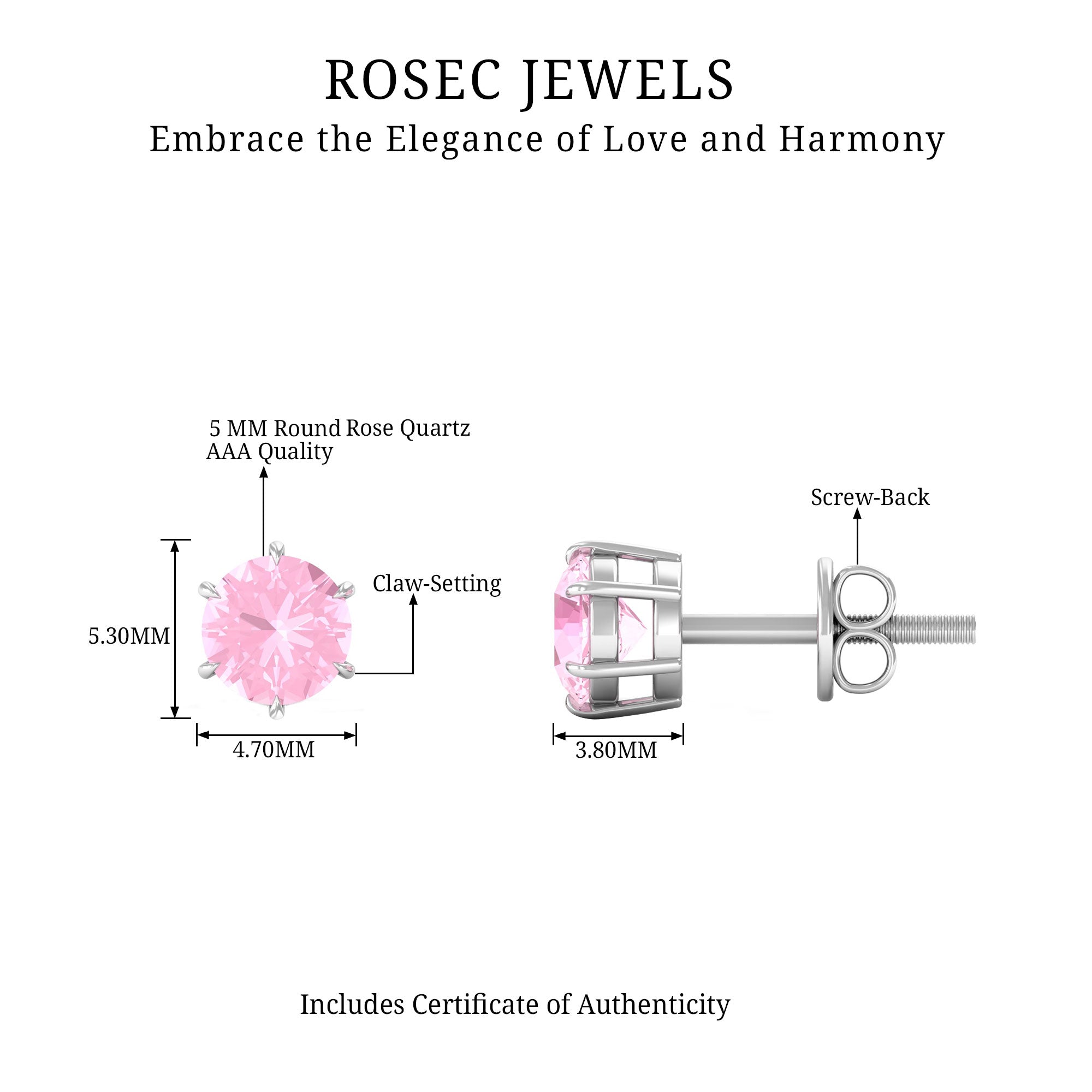 Natural Rose Quartz Solitaire Stud Earrings in 6 Claw Prong Setting Rose Quartz - ( AAA ) - Quality - Rosec Jewels