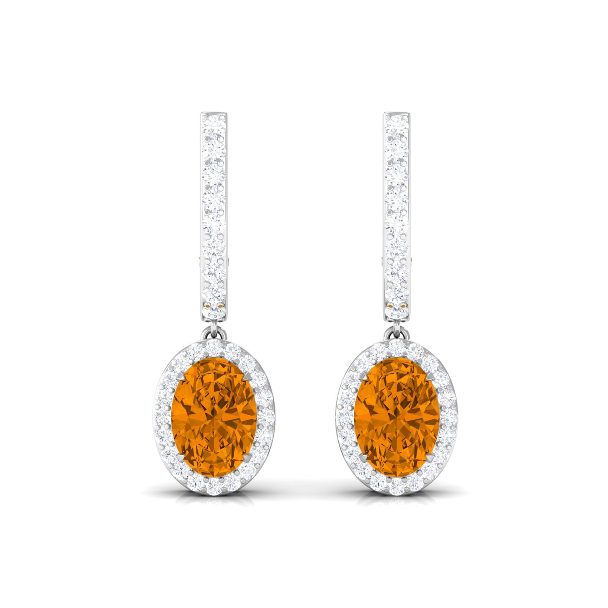 Classic Oval Citrine Hoop Drop Earrings with Moissanite Halo Citrine - ( AAA ) - Quality - Rosec Jewels