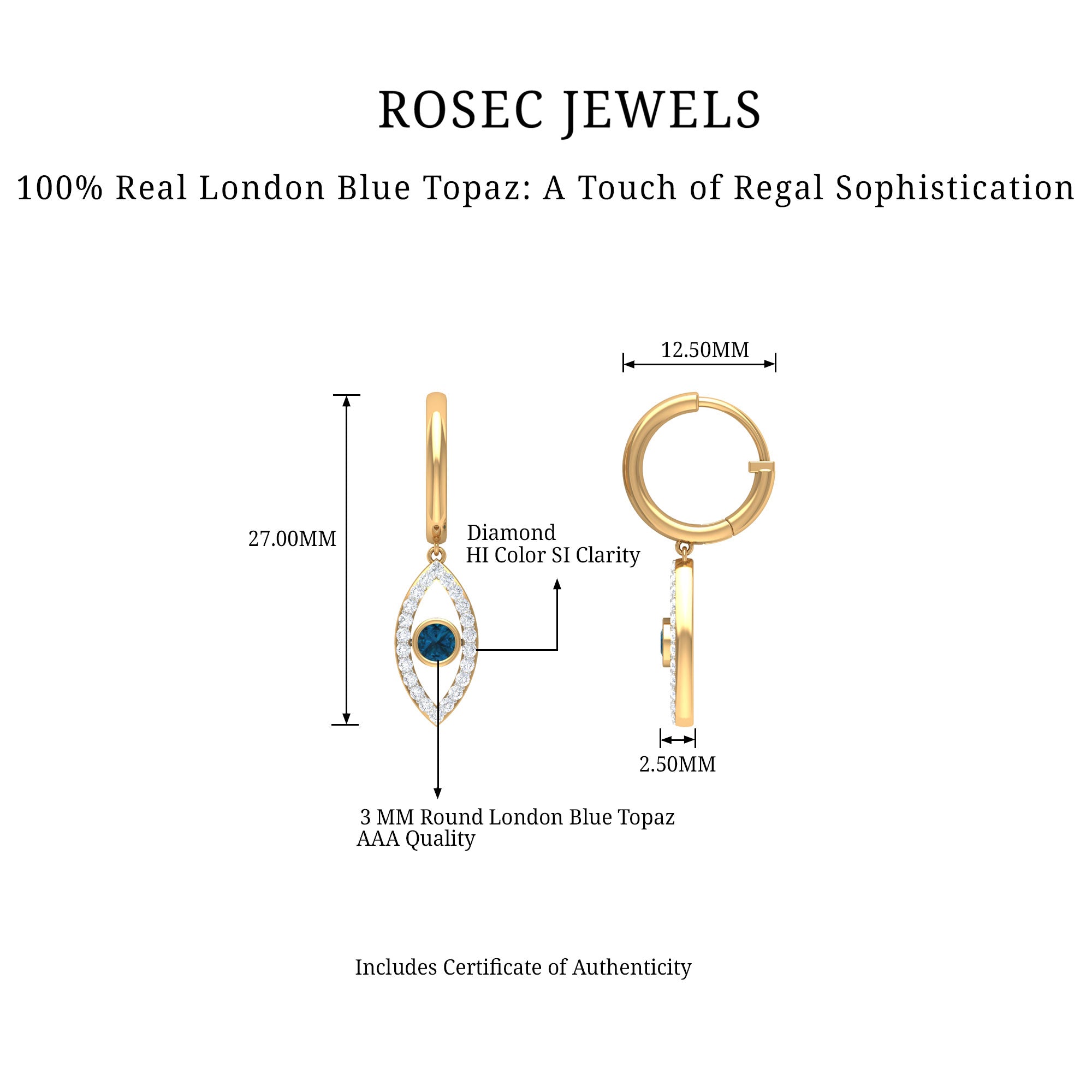 London Blue Topaz and Diamond Evil Eye Hoop Drop Earrings London Blue Topaz - ( AAA ) - Quality - Rosec Jewels