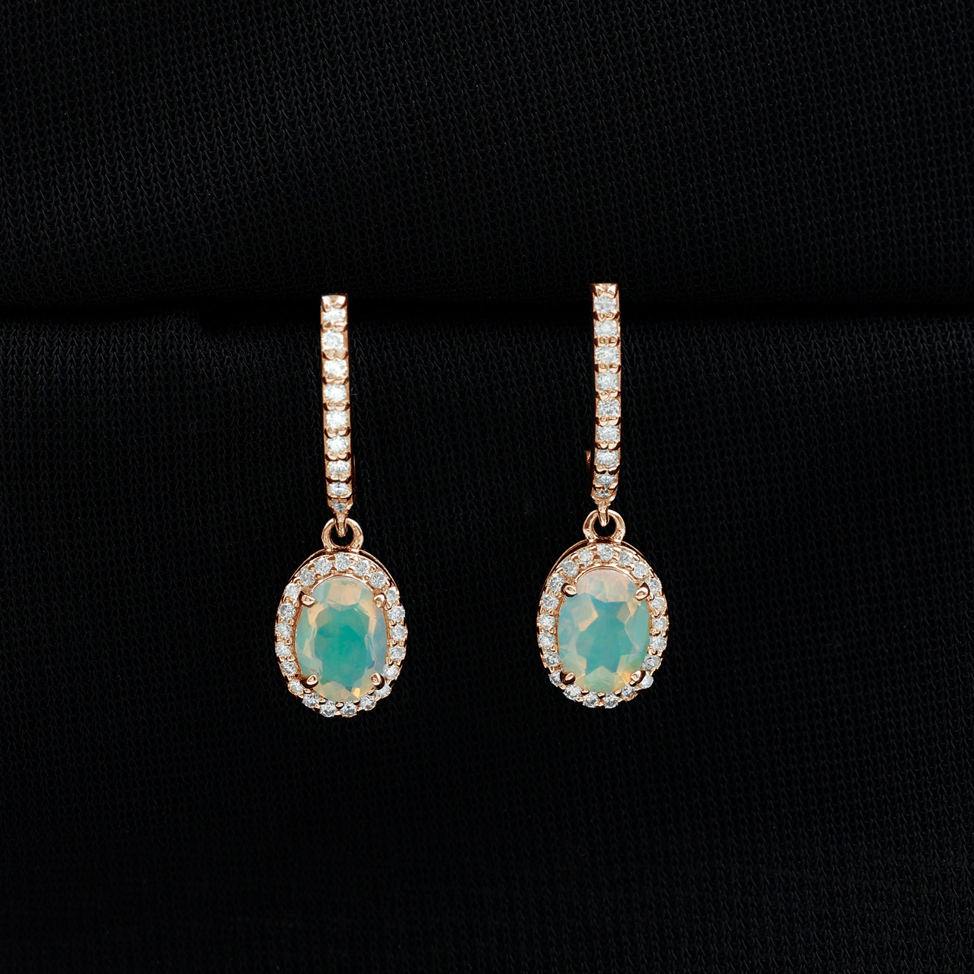 Ethiopian Opal Hoop Drop Earrings with Moissanite Ethiopian Opal - ( AAA ) - Quality - Rosec Jewels