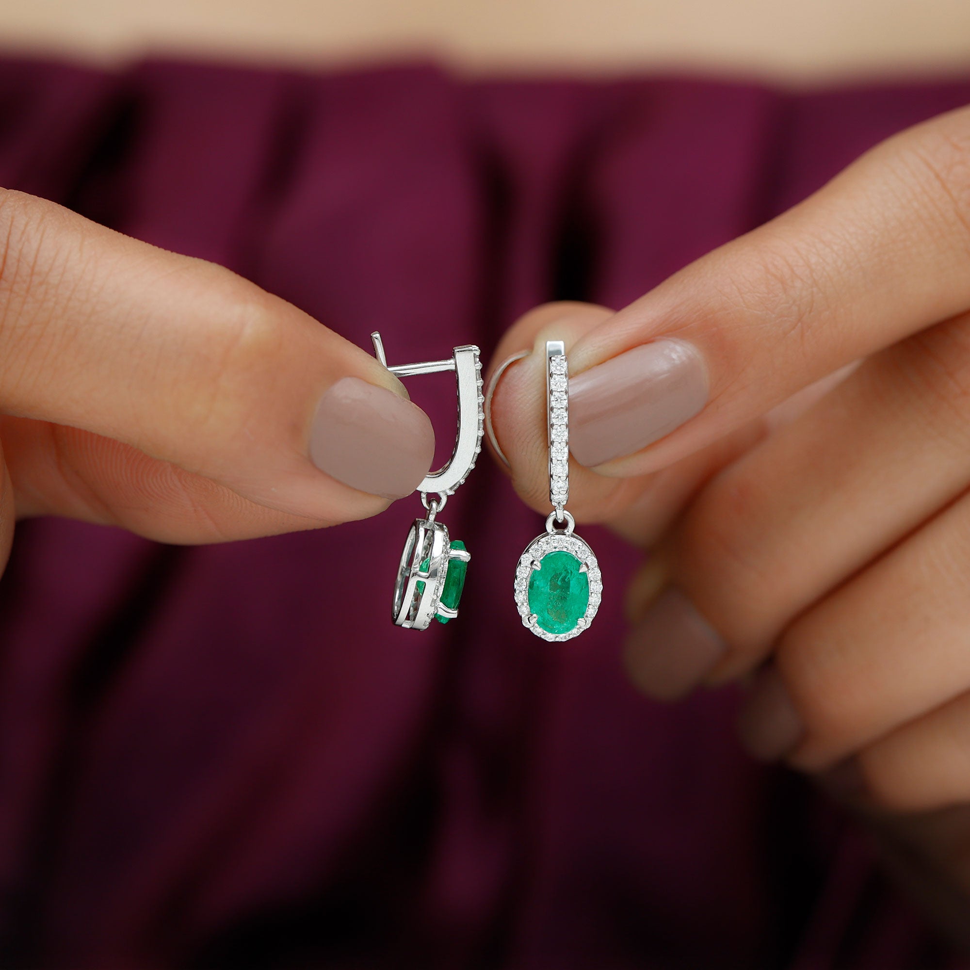 1.75 CT Classic Emerald J Hoop Drop Earrings with Diamond Emerald - ( AAA ) - Quality - Rosec Jewels