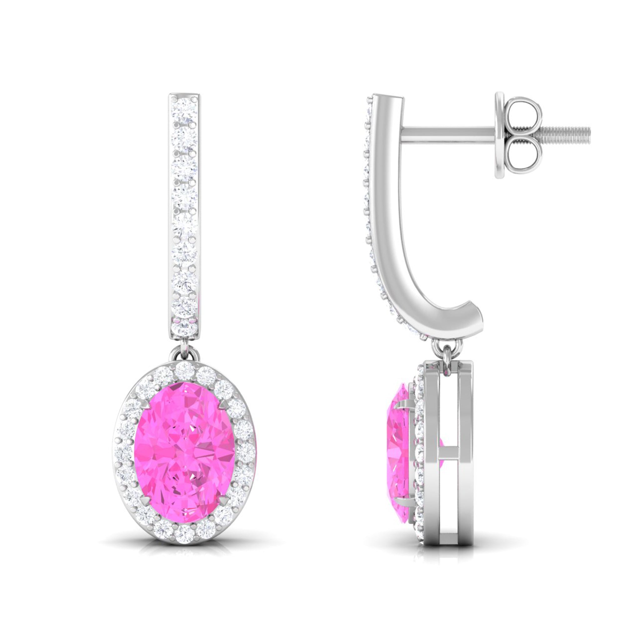 Oval Pink Sapphire and Diamond Hoop Drop Earrings Pink Sapphire - ( AAA ) - Quality - Rosec Jewels