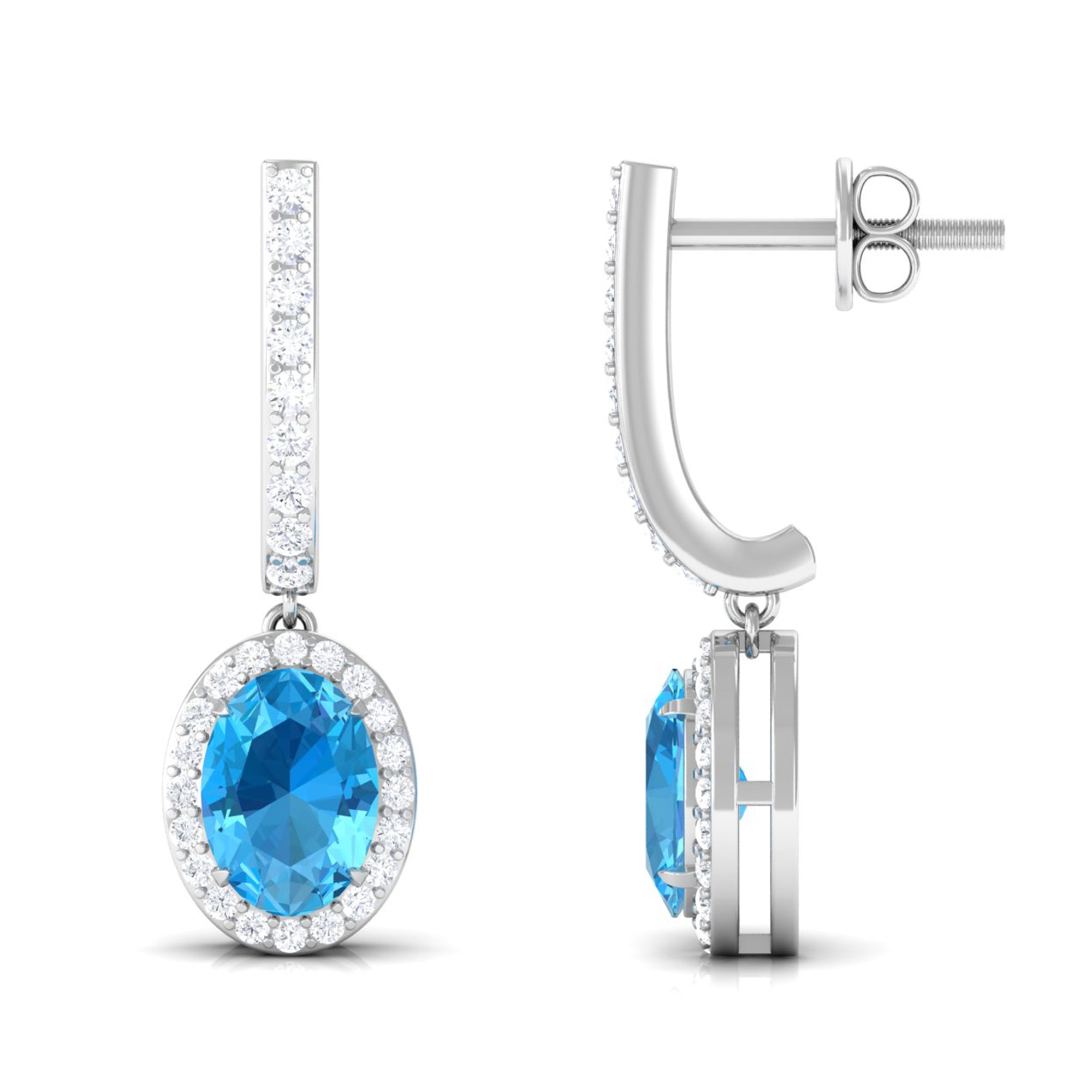 Oval Swiss Blue Topaz Hoop Drop Earrings with Diamond Halo Swiss Blue Topaz - ( AAA ) - Quality - Rosec Jewels