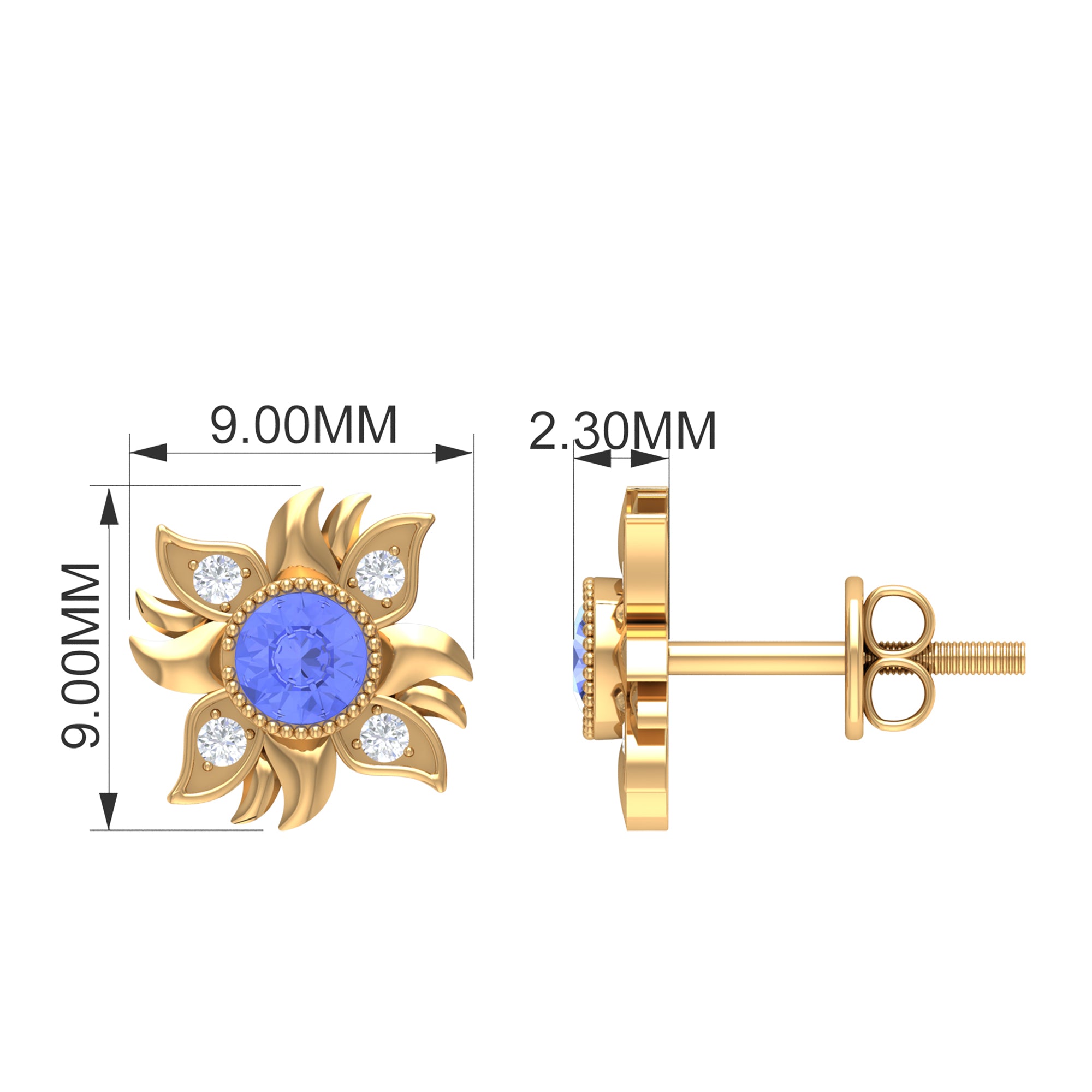 Round Shape Tanzanite and Diamond Sunburst Stud Earrings Tanzanite - ( AAA ) - Quality - Rosec Jewels