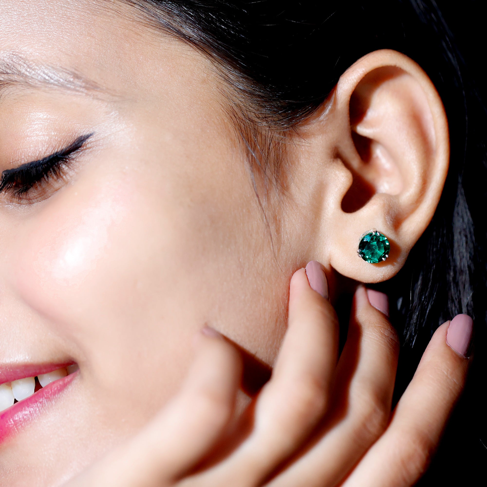 8 MM Created Emerald Solitaire Stud Earrings in Double Claw Setting Lab Created Emerald - ( AAAA ) - Quality - Rosec Jewels