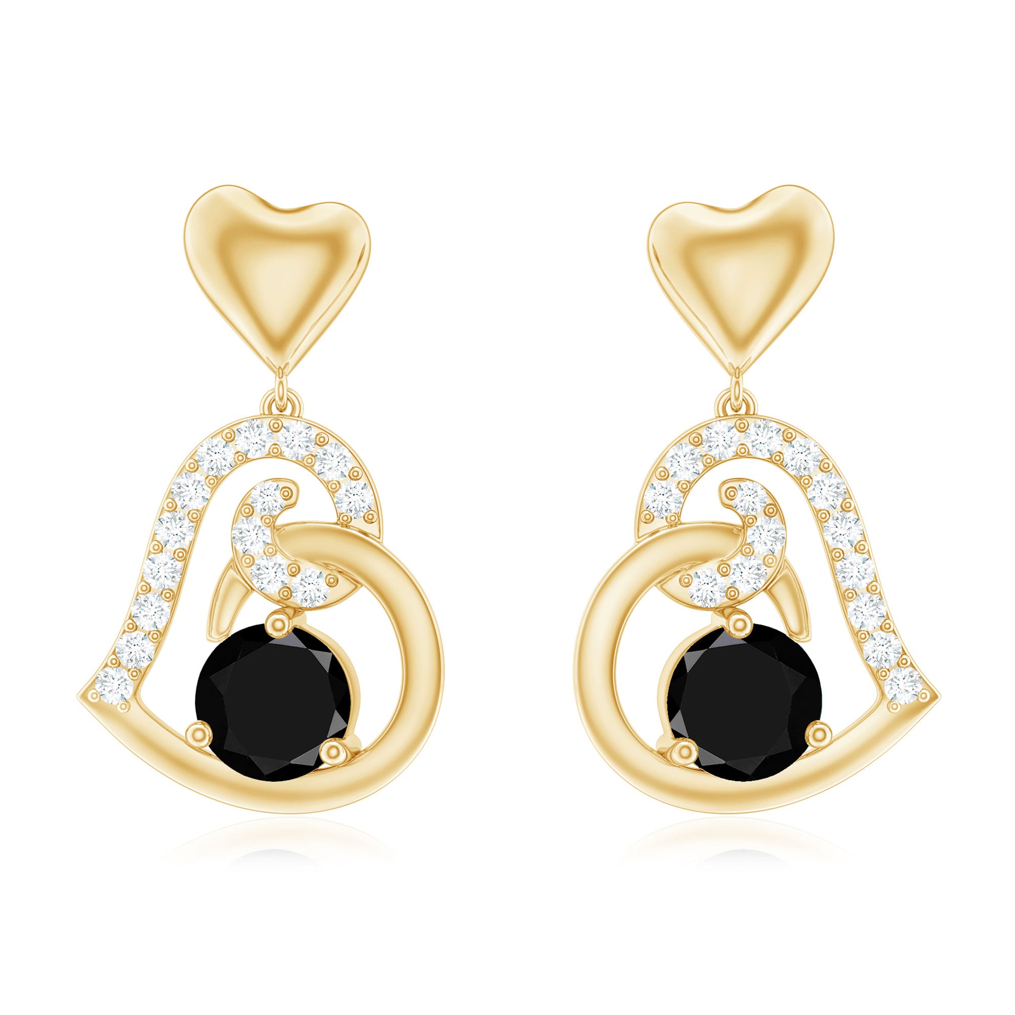 Black and White Diamond Heart Drop Earrings Black Diamond - ( AAA ) - Quality - Rosec Jewels