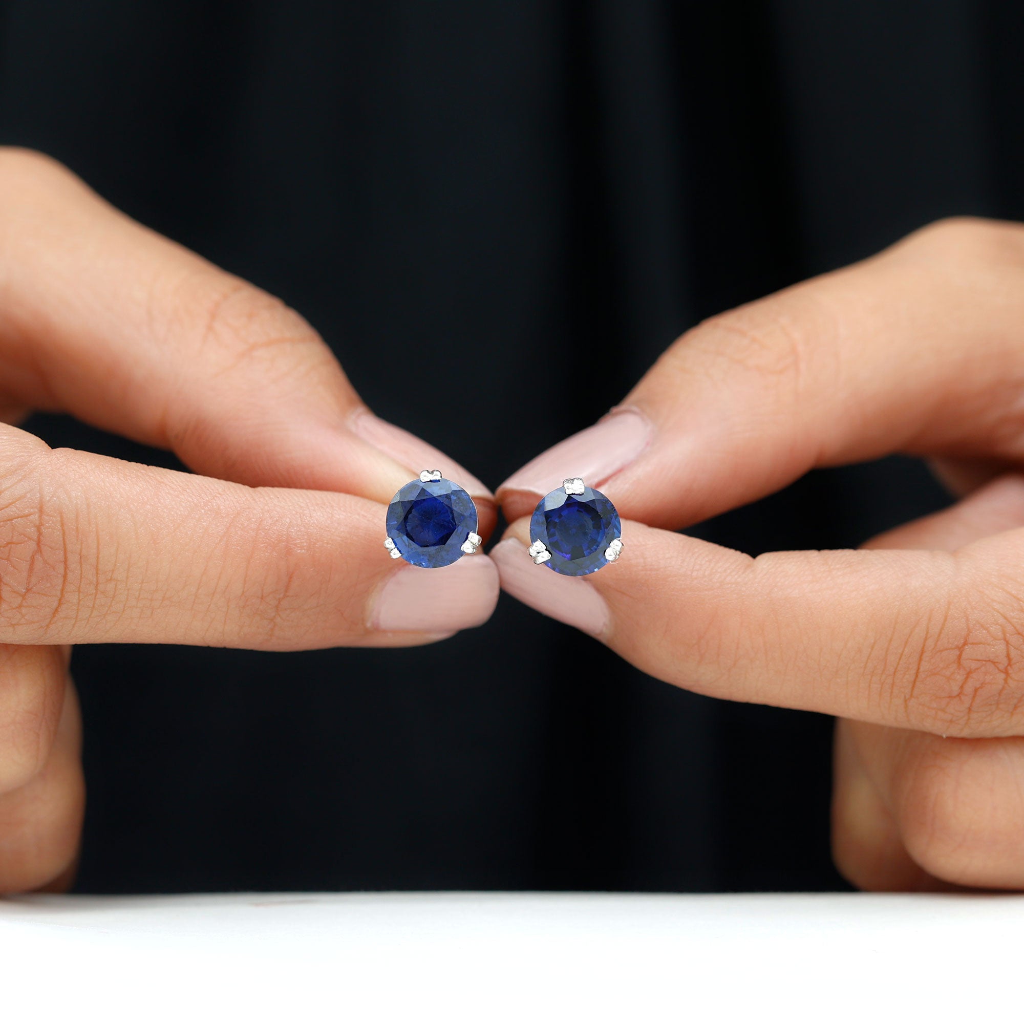 Double Claw Set Round Created Blue Sapphire Silver Solitaire Stud Earrings Lab Created Blue Sapphire - ( AAAA ) - Quality 92.5 Sterling Silver - Rosec Jewels