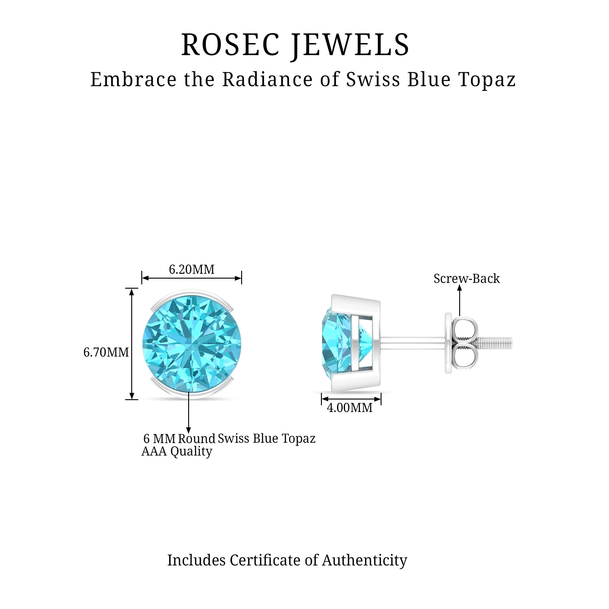 Swiss Blue Topaz Solitaire Stud Earrings in Half Bezel Setting Swiss Blue Topaz - ( AAA ) - Quality - Rosec Jewels