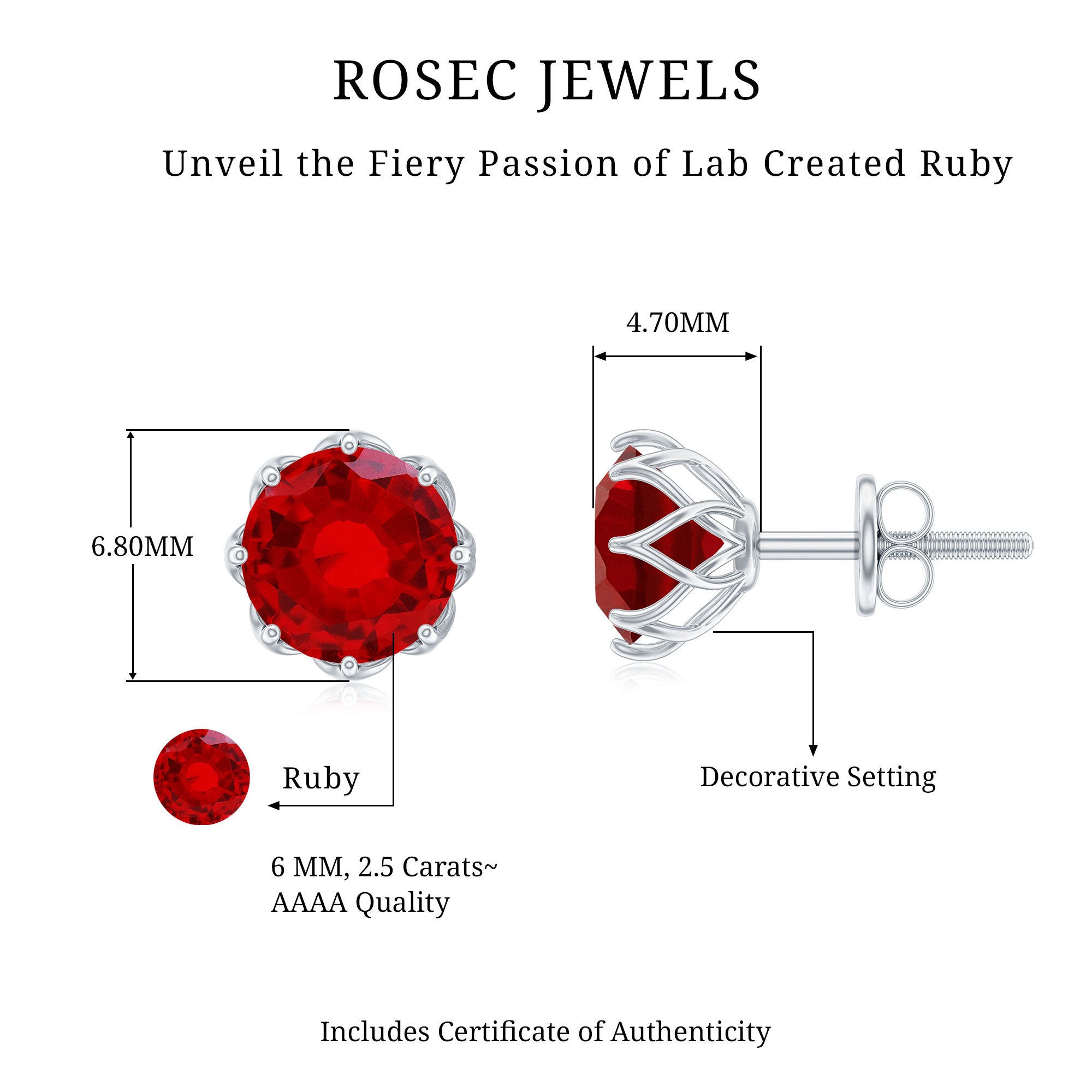 6 MM Decorative Created Ruby Solitaire Stud Earrings in Silver Lab Created Ruby - ( AAAA ) - Quality 92.5 Sterling Silver - Rosec Jewels