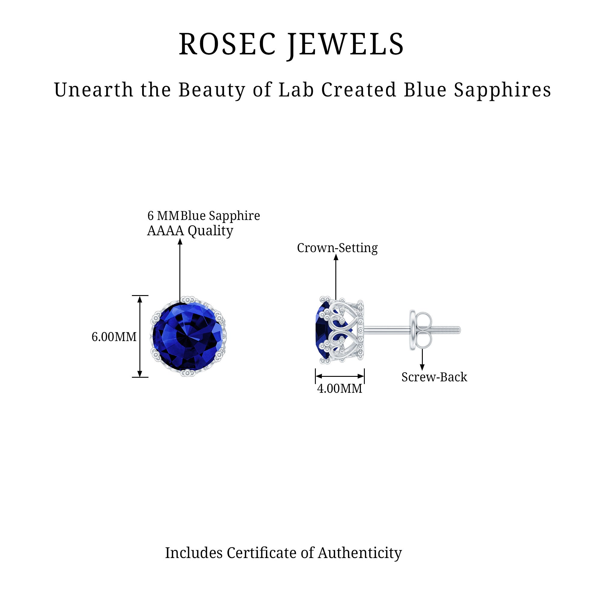 2 CT Created Blue Sapphire Solitaire Silver Crown Stud Earrings Lab Created Blue Sapphire - ( AAAA ) - Quality 92.5 Sterling Silver - Rosec Jewels