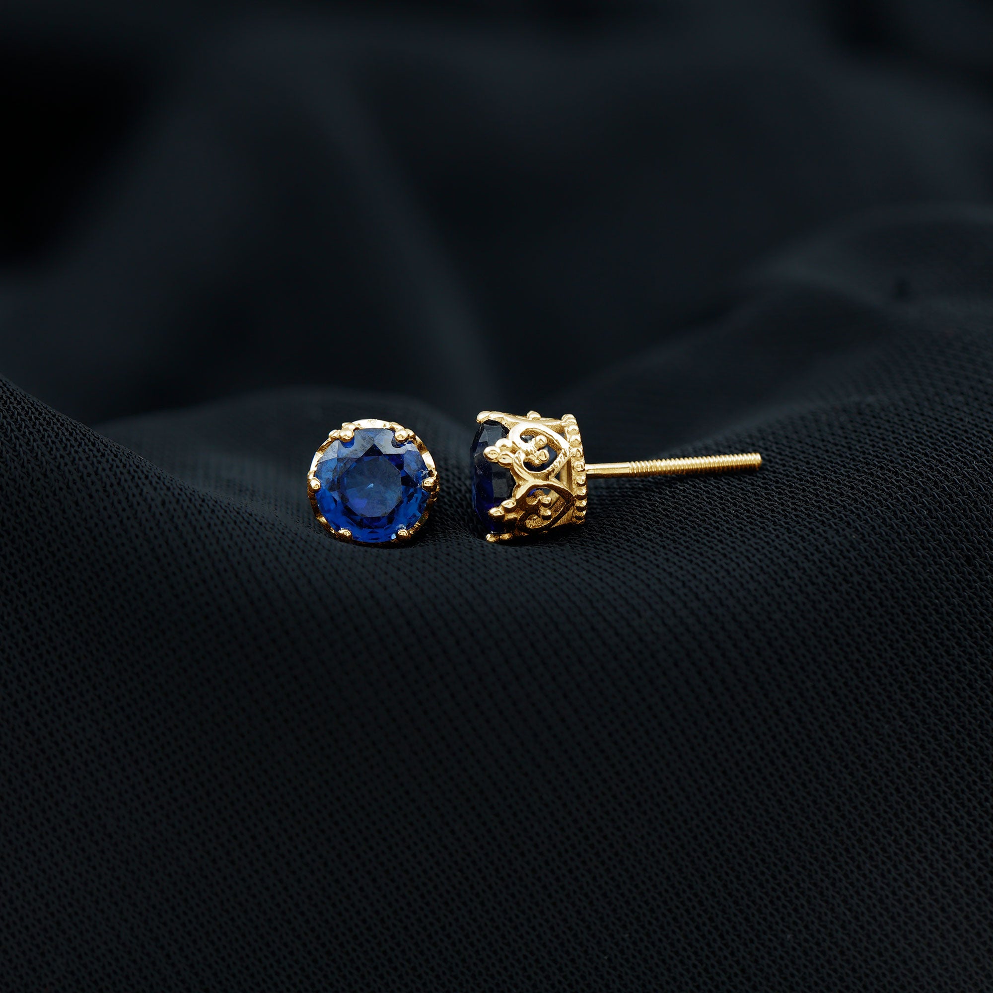 2 CT Created Blue Sapphire Solitaire Gold Crown Stud Earrings Lab Created Blue Sapphire - ( AAAA ) - Quality - Rosec Jewels