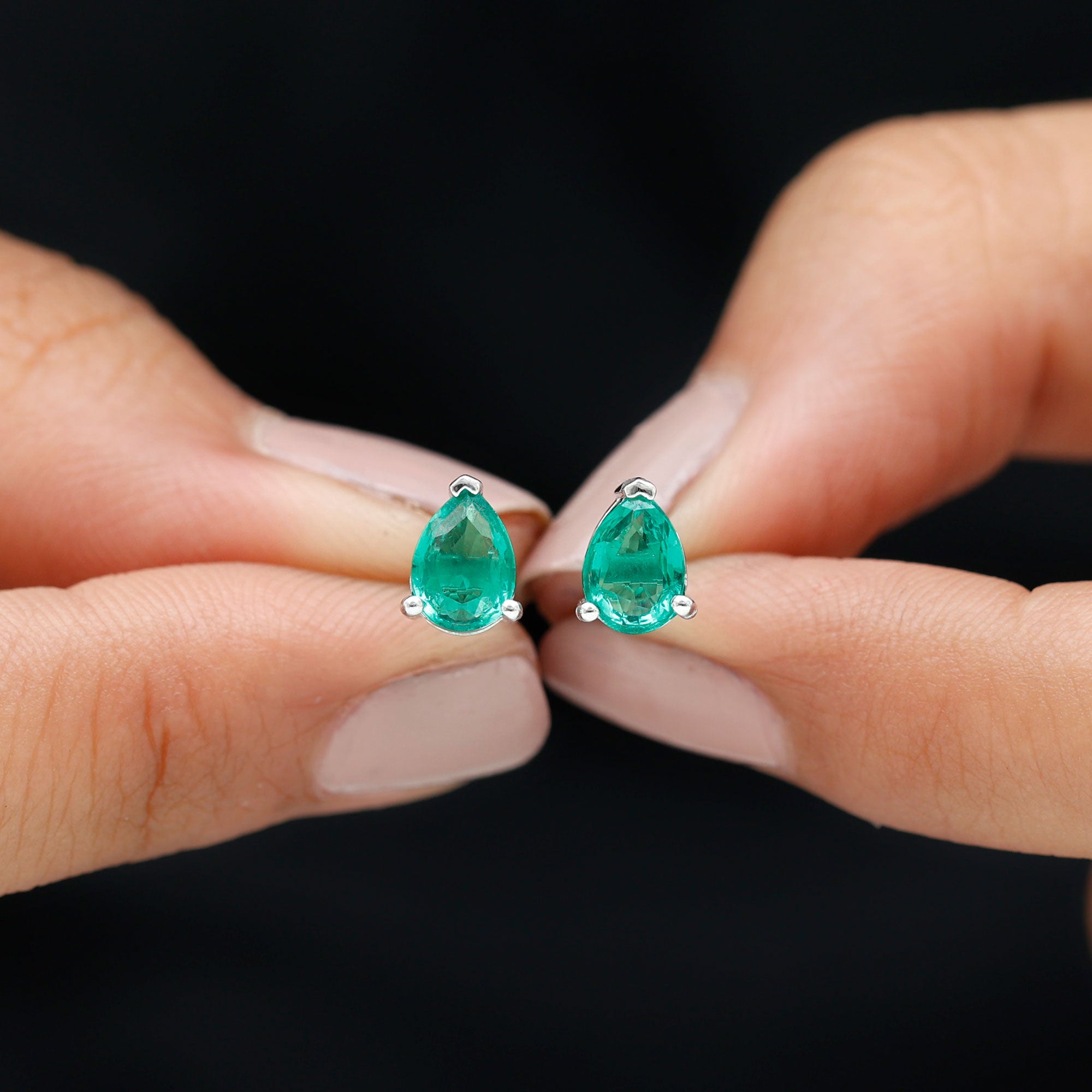 Pear Cut Lab Grown Emerald Solitaire Stud Earrings in 3 Prong Setting Lab Created Emerald - ( AAAA ) - Quality - Rosec Jewels