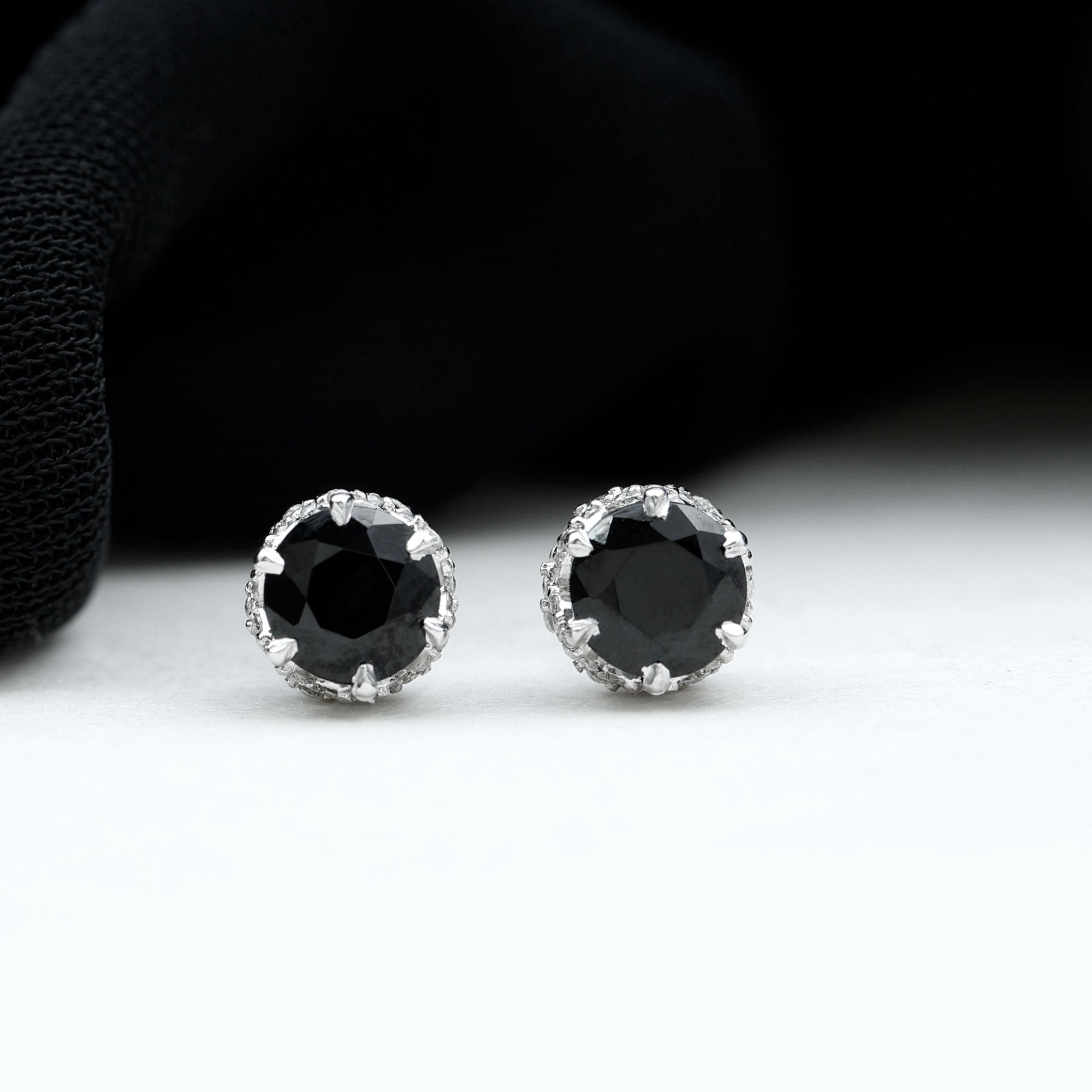 Lotus Basket Set Black Spinel Solitaire Stud Earrings with Diamond Accent Black Spinel - ( AAA ) - Quality - Rosec Jewels