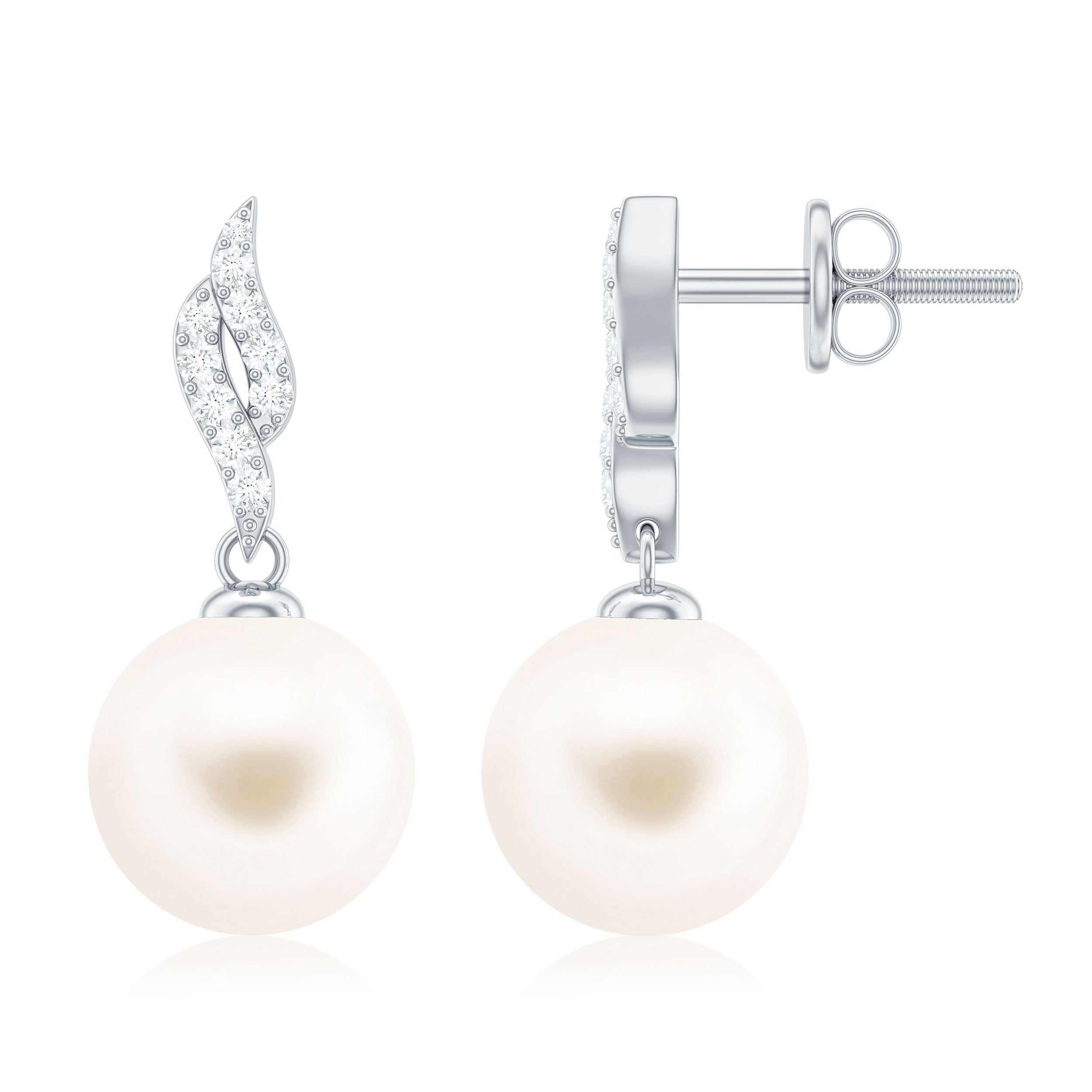 Simple Drop Earrings with Freshwater Pearl and Diamond Stones Freshwater Pearl - ( AAA ) - Quality - Rosec Jewels