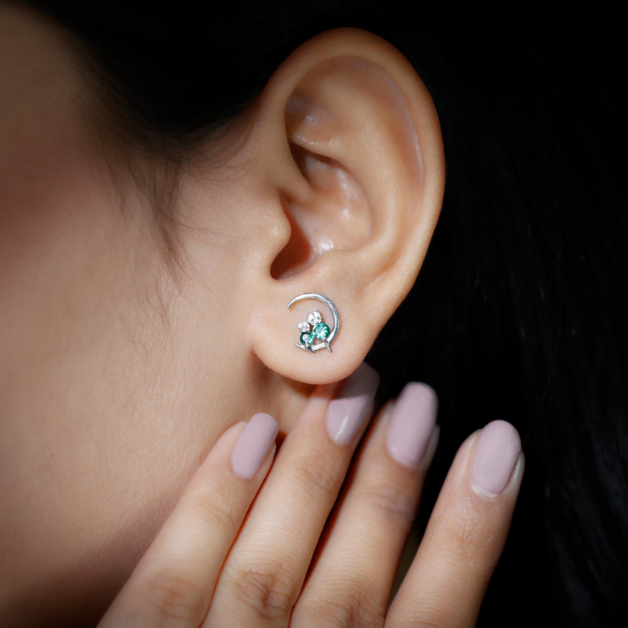 Lab-Created Emerald and Moissanite Cat and Moon Silver Stud Earrings Lab Created Emerald - ( AAAA ) - Quality 92.5 Sterling Silver - Rosec Jewels