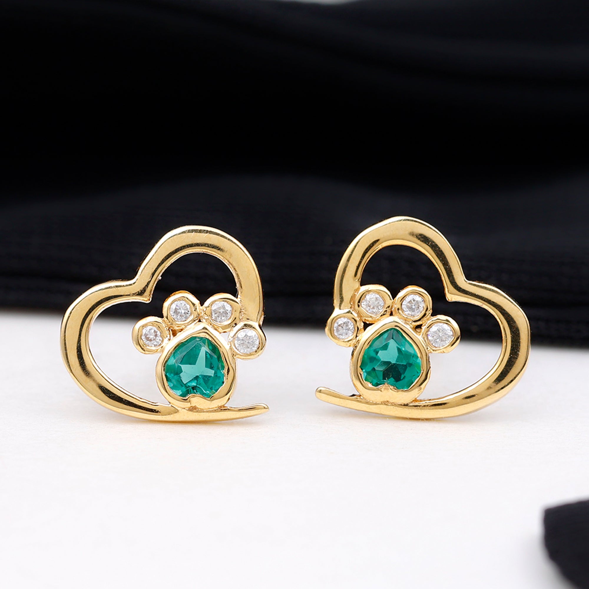 3/4 CT Heart Shape Created Emerald and Diamond Cute Paw Stud Earrings Lab Created Emerald - ( AAAA ) - Quality - Rosec Jewels