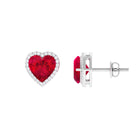 8 MM Heart Shape Created Ruby Halo Stud Earrings with Diamond Lab Created Ruby - ( AAAA ) - Quality - Rosec Jewels