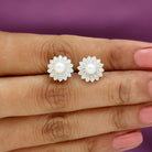 Freshwater Pearl Stud Earrings with Diamond Double Halo Freshwater Pearl - ( AAA ) - Quality - Rosec Jewels