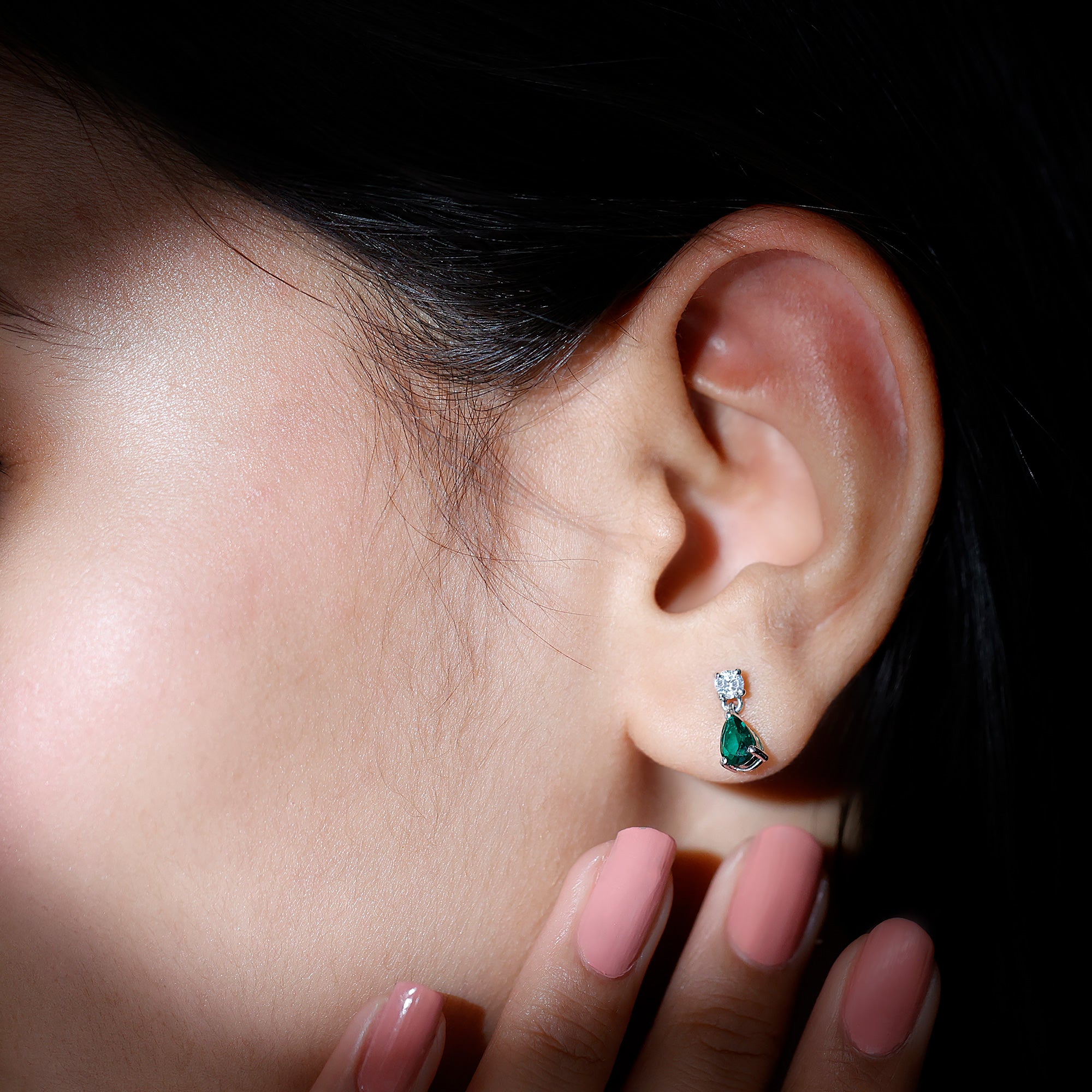 Pear Cut Lab Created Emerald and Moissanite Simple Teardrop Earrings Lab Created Emerald - ( AAAA ) - Quality - Rosec Jewels